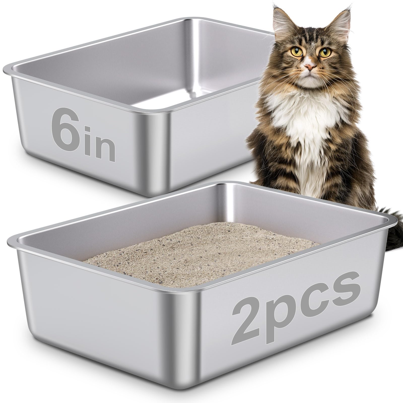 Egmehoad Stainless Steel Litter Box 2 Pack,Metal Litter Box For Cats Easy To Clean,Cat-Litter Boxes For Small,Metal Cat Toilet K