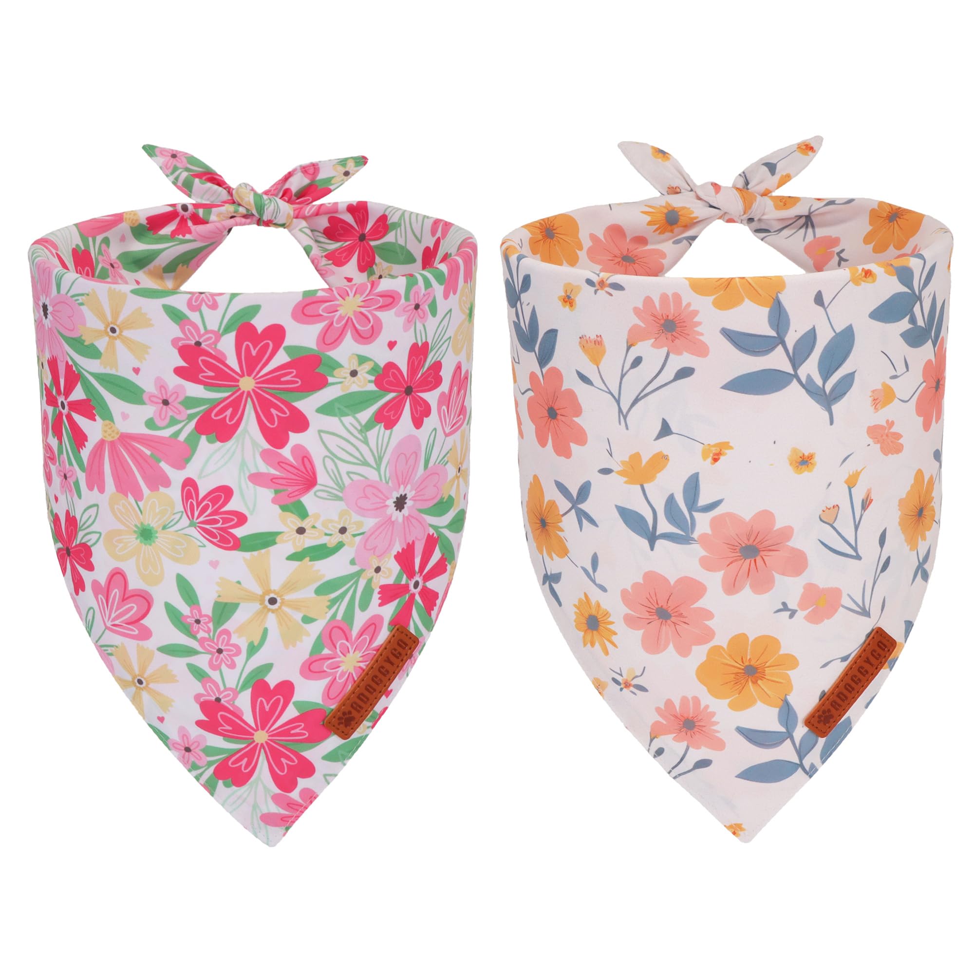Adoggygo Floral Dog Bandanas 2 Pack, Triangle Reversible Pink White Flower Dog Scarf, Premium Durable Fabric, Pet Floral Bandana