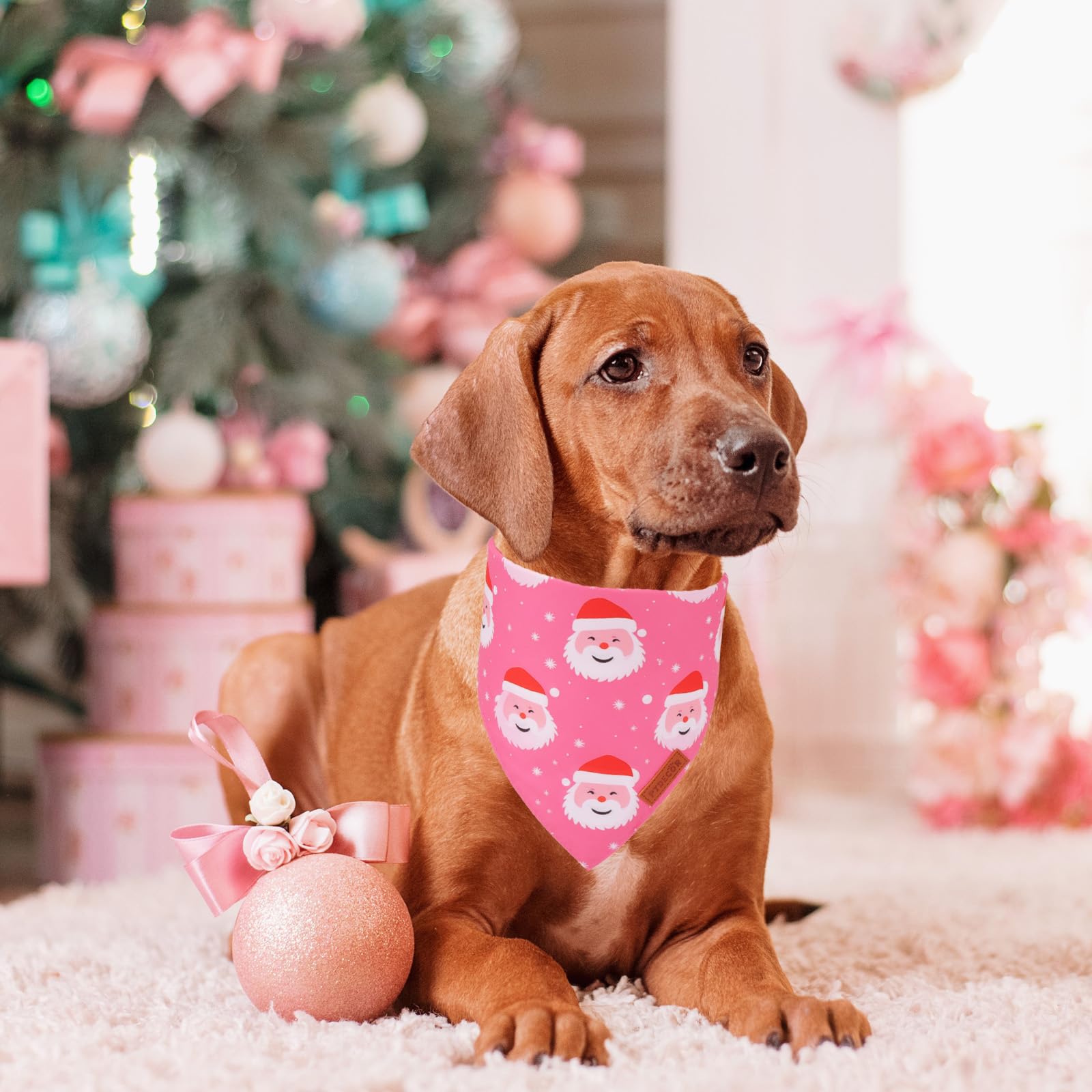 Ptdecor Christmas Dog Bandana,Xmas Pink Scarf Santa Deer Reversible Holiday Dog Scarf, Female Christmas Bandanas For Large And E