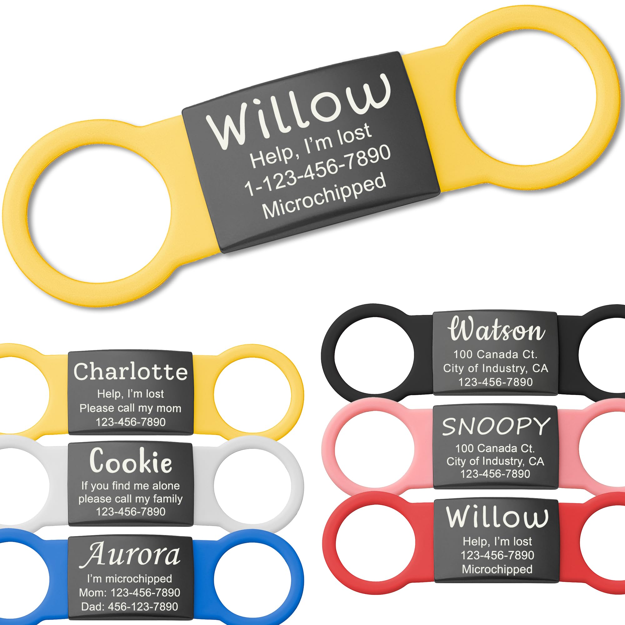 Anavia Slide On Silent Pet Id Tags, S/M/L/Xl Personalized Black Stainless Steel Colored Silicone Cat Dog Name Tag, Customized Engraved Nameplate, Quiet Chew-Proof Pet Collar Tag (Yellow, X-Large)