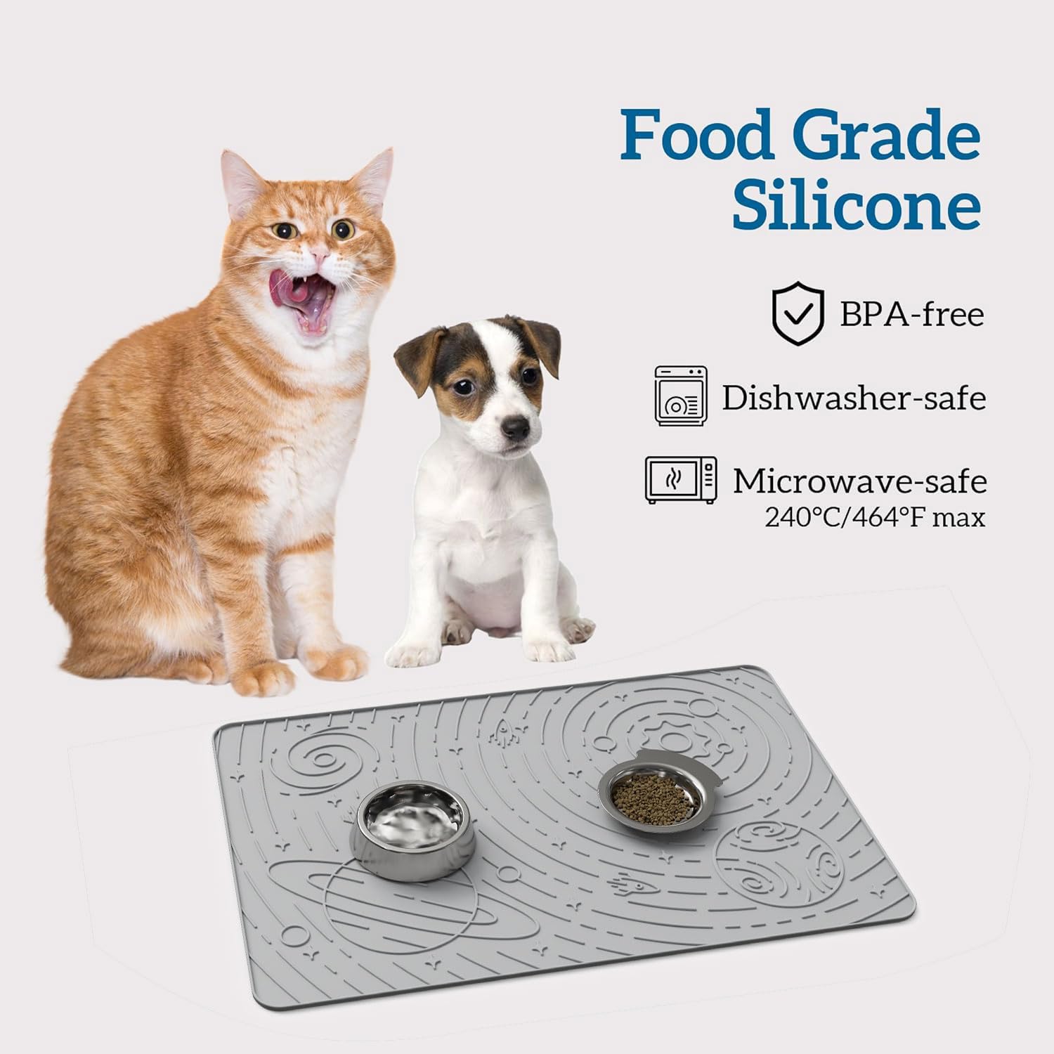 OHMO Dog Food Mat, Silicone Waterproof Non-Skid Feeding Mat, 23.6" x 15.8", Ash