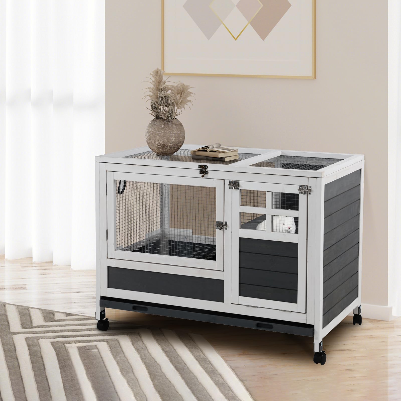 Aniwupaws Rabbit Hutch Indoor With Urine Guards/Netting Floor, Rabbit Cage On Wheels/Chew Proof/Tray, Guinea Pig Cages With Door