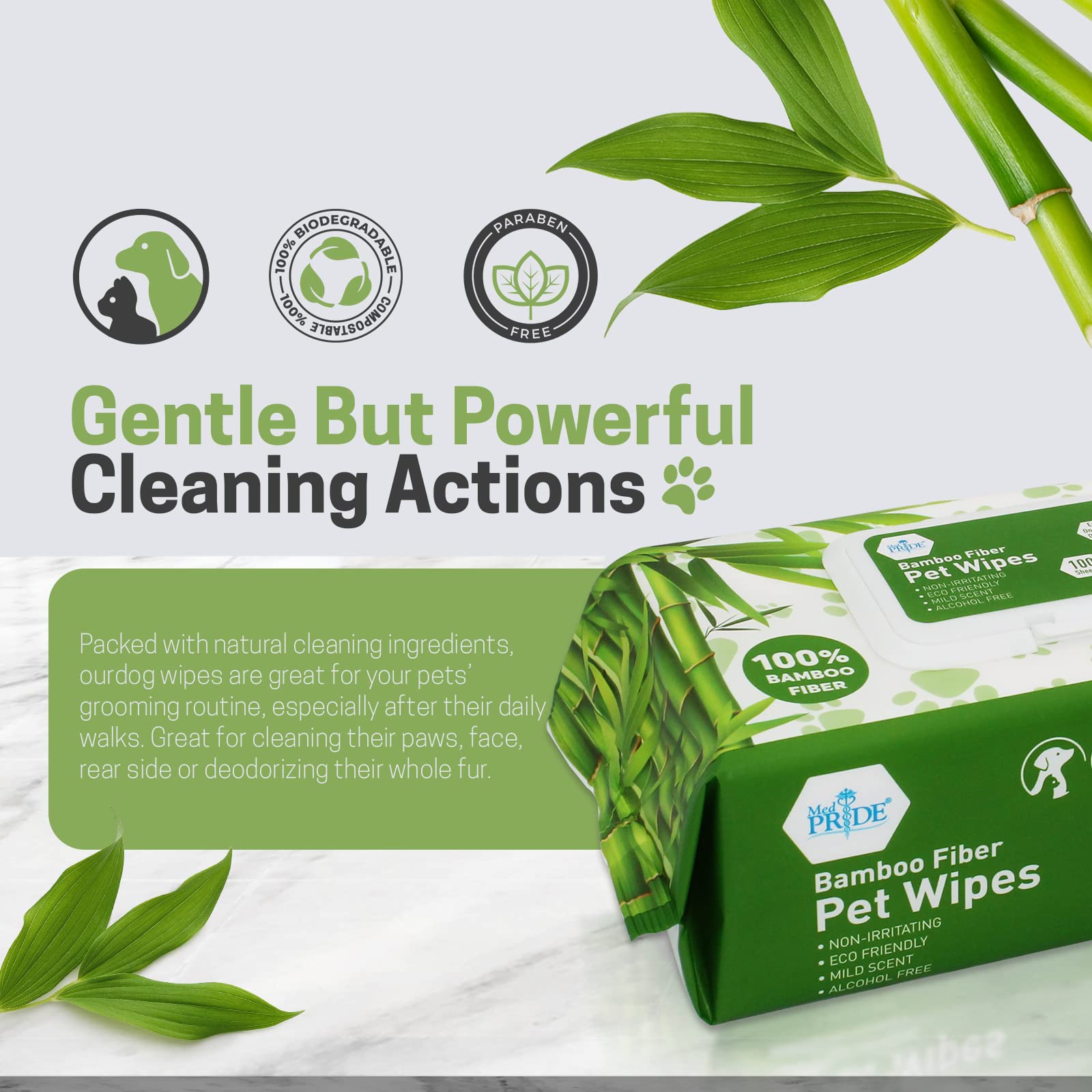 Med Pride 100% Bamboo Fiber Cleaning Wipes, Dog Wipes For Paws And Butt, Alcohol & Paraben-Free, Hypoallergenic, Extra-Large 8''