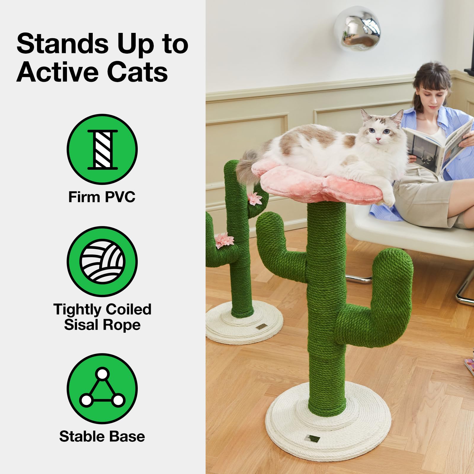 Vetreska Cat Scratching Post Cactus Cat Scratchers For Indoor Cats, 41.3' Tall Vertical Cat Tree With Hammock, Full Wrapped Sisal Rope Cat Scratch Post For Adult Cats And Kittens