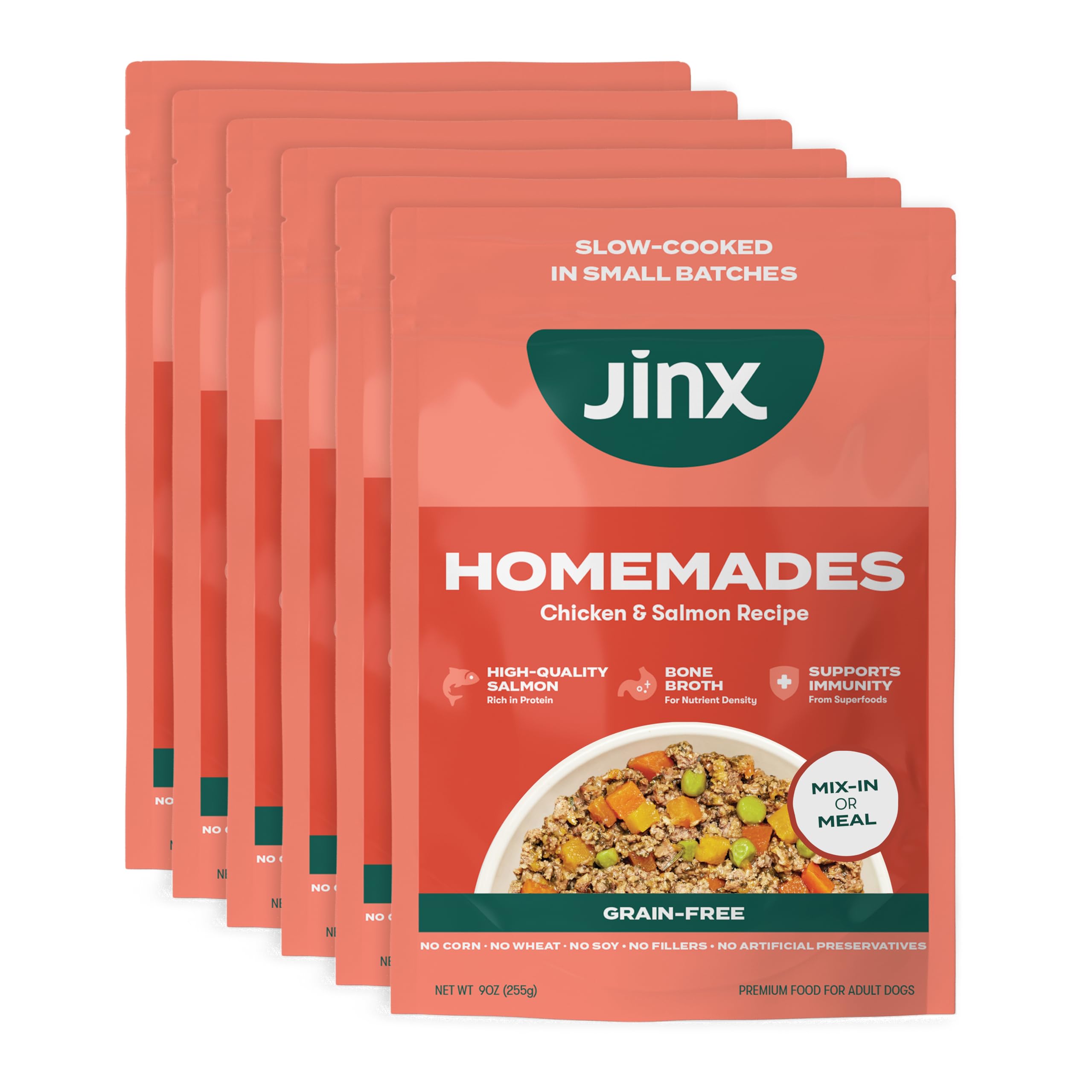 Jinx Salmon Grain Free Wet Dog Food Toppers, Meal or Mix with Dry Dog Food, Made with Real Salmon & Chicken, Bone Broth, No Fill