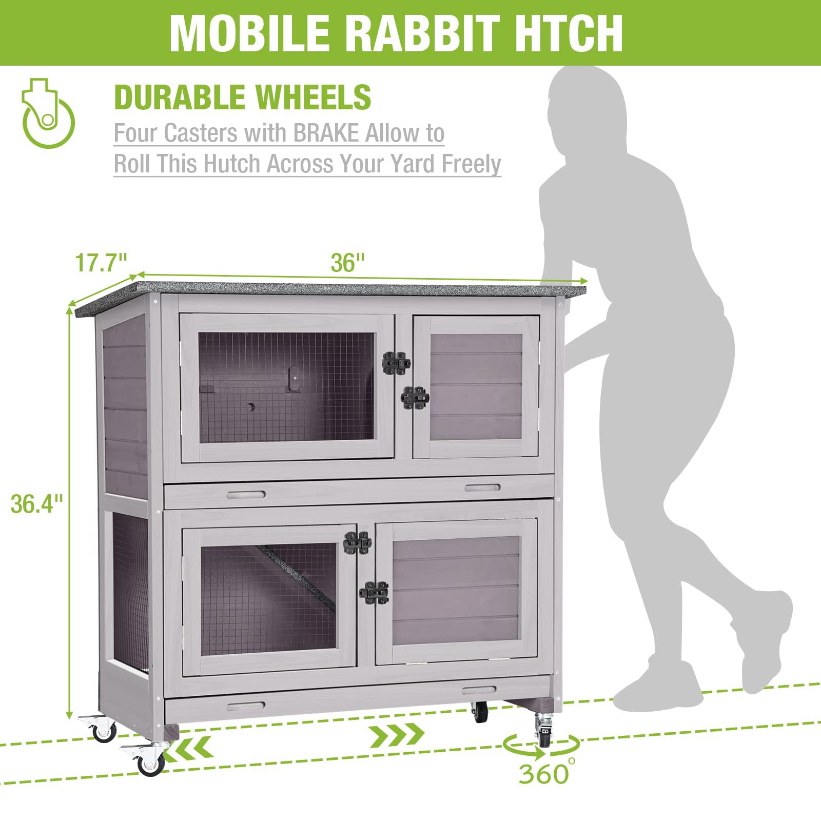 Rabbit Hutch Bunny Cage, Guinea Pig Cage Bunny Hutch Indoor, Wood Pet Cage With 4 Casters -2 Story & 2 Trays