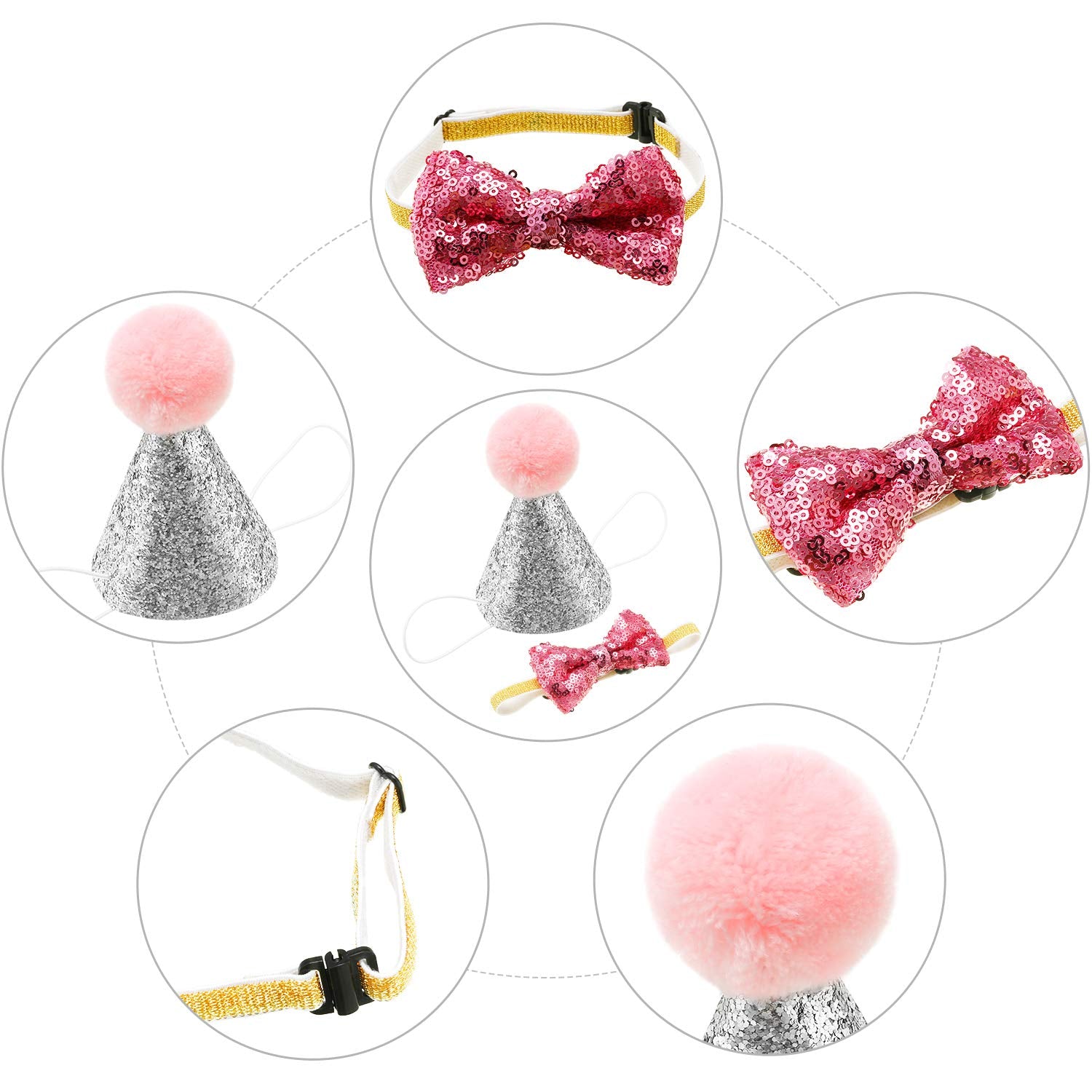 Satinior 4 Pieces Cat Birthday Hat Bowtie Small Dog Hat Headband Topper Bowtie Adjustable Cute Puppy Birthday Costume Accessorie