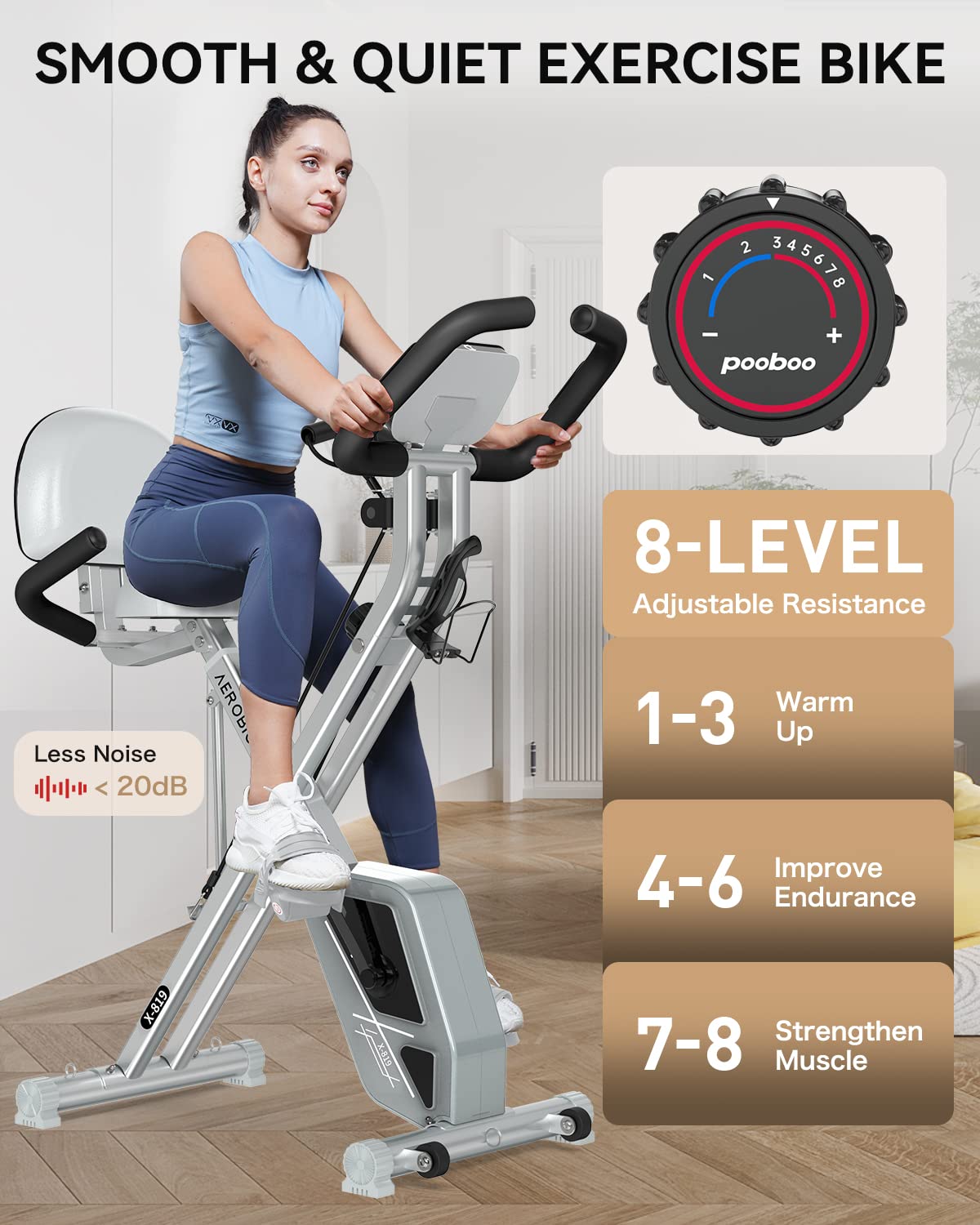 Pooboo Folding Exercise Bike, Foldable Fitness Stationary Bike Machine, Upright Indoor Cycling Bike, 4-In-1 Magnetic X-Bike With
