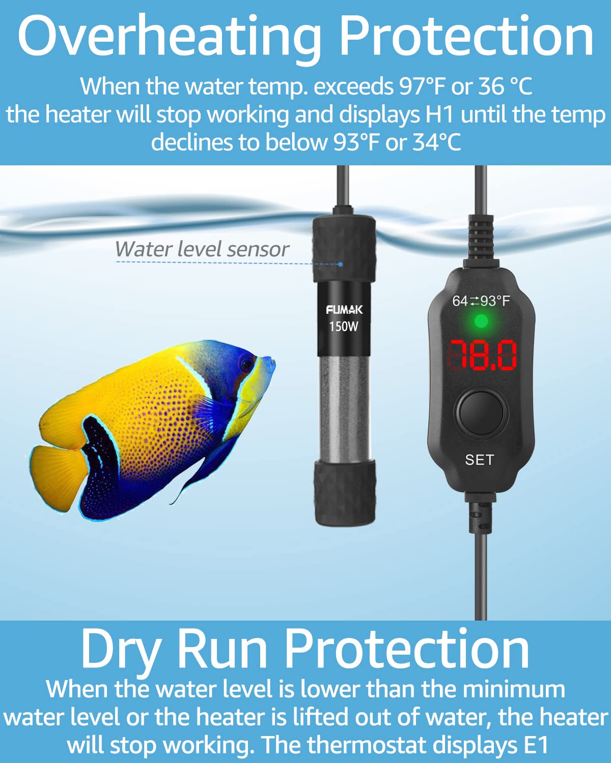 Kulife 150W Adjustable Aquarium Heater - Super Short Submersible Fish Tank Heater with LED Display, for 15-30 Gallon Tanks