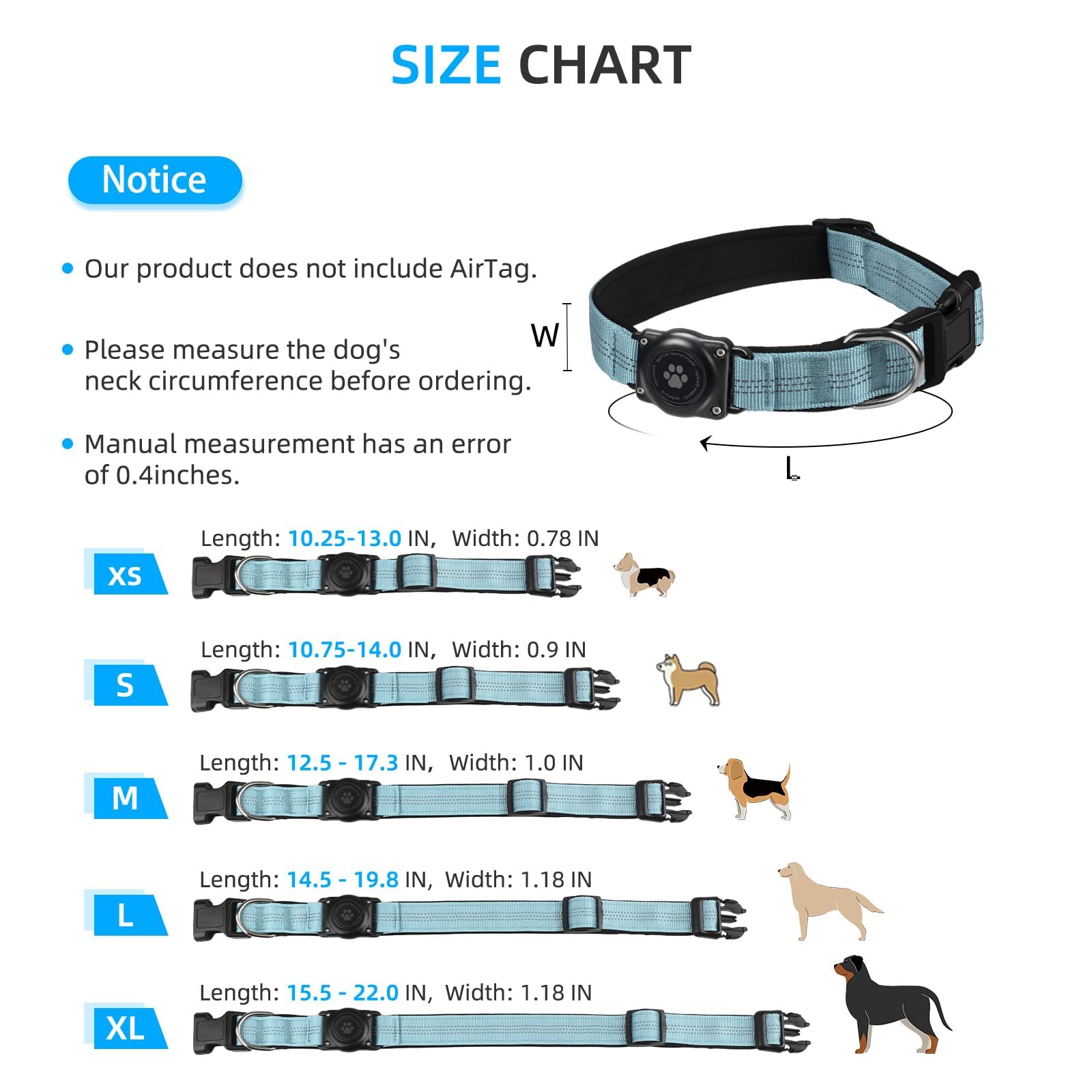 Upgraded Airtag Dog Collar, Ip68 Waterproof Air Tag Dog Collar Holder, Reflective, Ultra-Durable, Comfortable Padded, Heavy Duty Dog Collars For Small Medium Large Dogs (M (12.6'-17.1'), Lightblue)