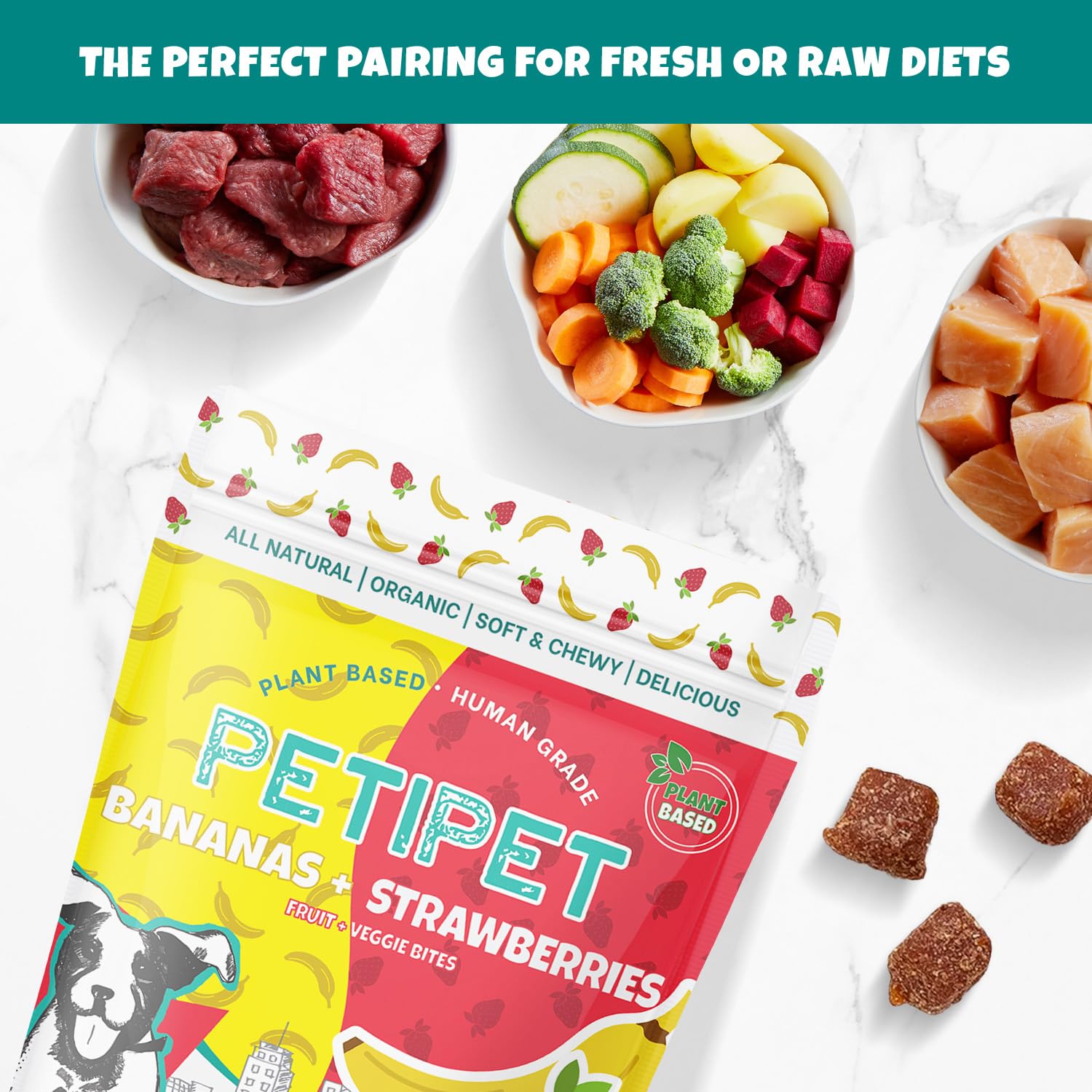 PETIPET Bananas+Strawberries Plant-Based Fruit Dog Treats - Strawberry, Apple, Banana Soft & Chewy Treats - Healthy, Vegetarian,