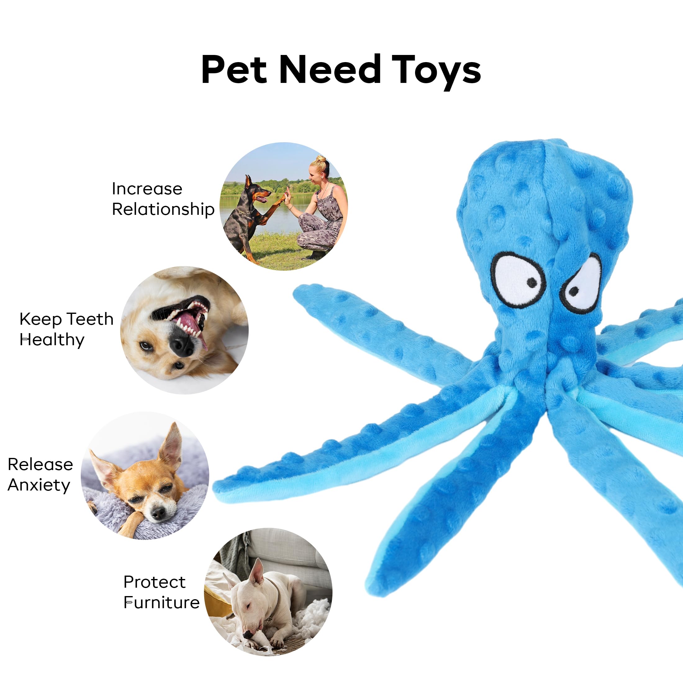 Wishstore Squeaky Octopus Dog Toys - No Stuffing Crinkle Plush Dog Toy - Pack Of 2 (Blue And Green)