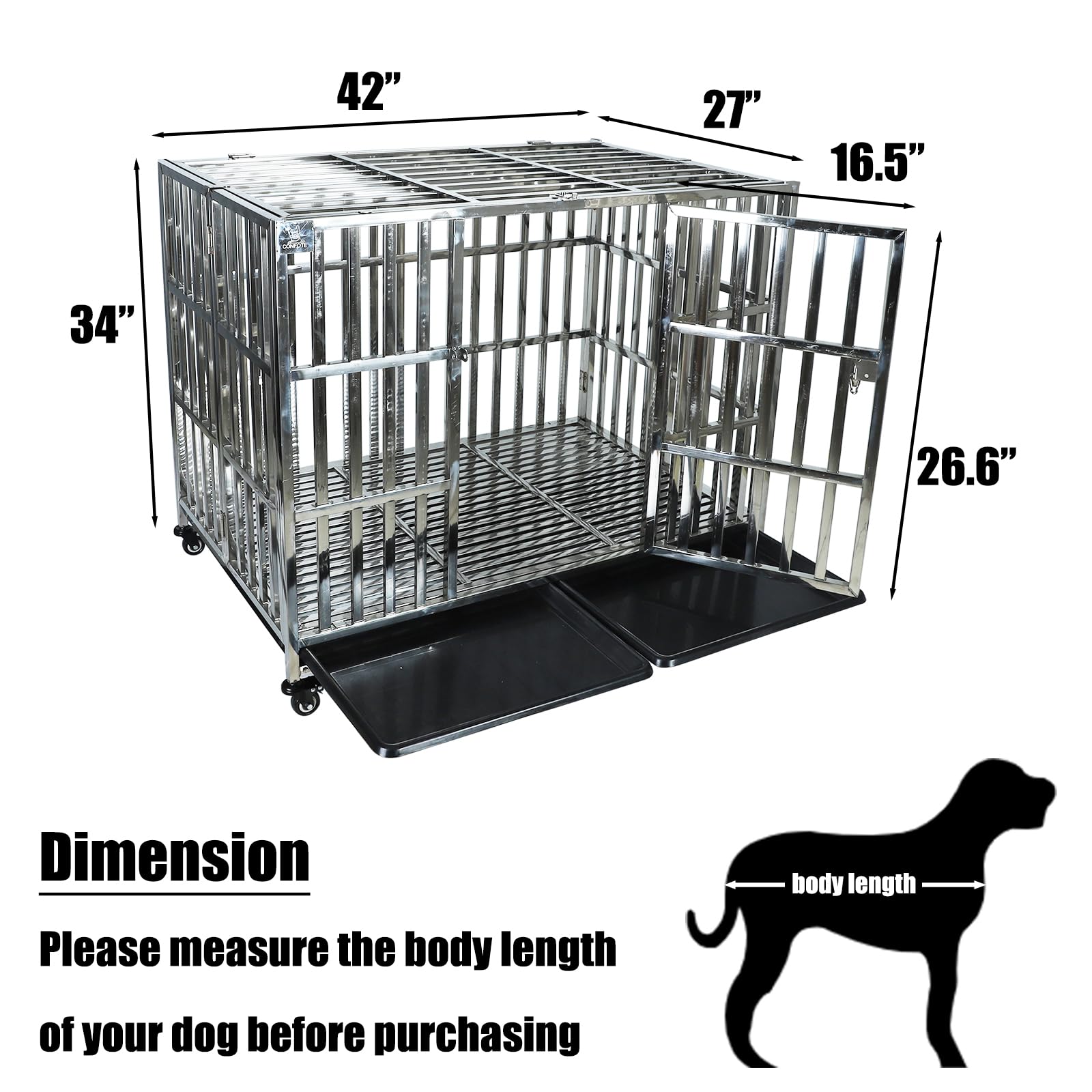 Confote 42 Inch Heavy Duty Stainless Steel Dog Cage High Anxiety Indestructible And Escape-Proof Dog Crate Kennel For Large Medi