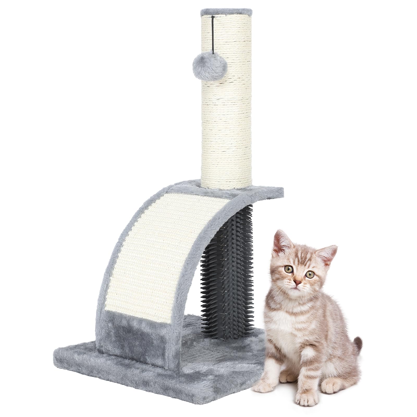 Tall Cat Scratching Post with Groomer, 19.6 Scratching Post with Wood Frame, Stable Sisal Cat Post with Extra Interactive Dangli