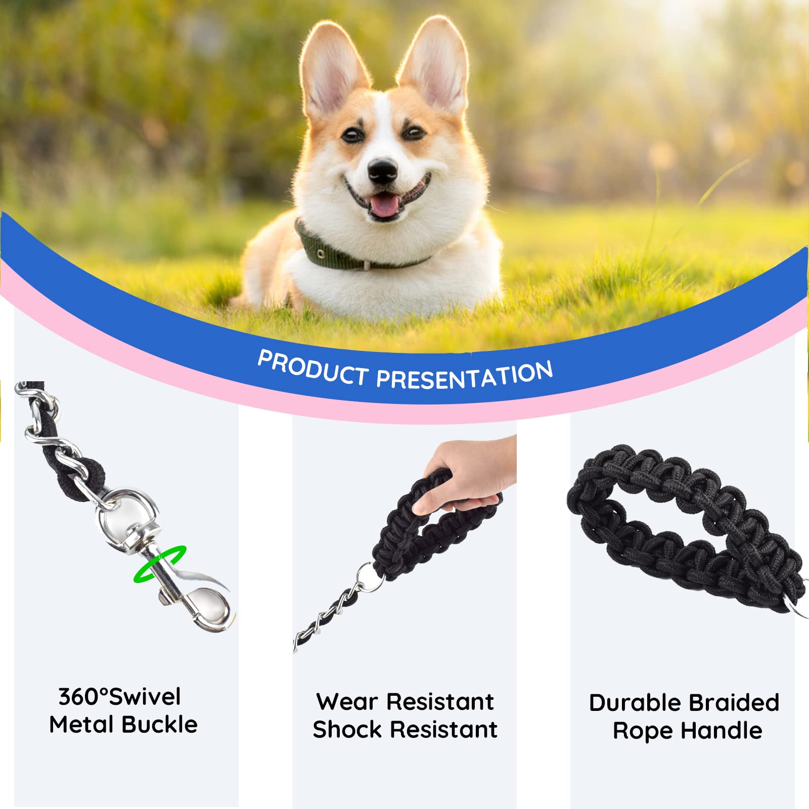 Chew Proof Chain Dog Leash 5.5Ft Heavy Duty Dog Leashes Metal Pet Chain Lead With Soft Rope Handle For Medium Large Dogs