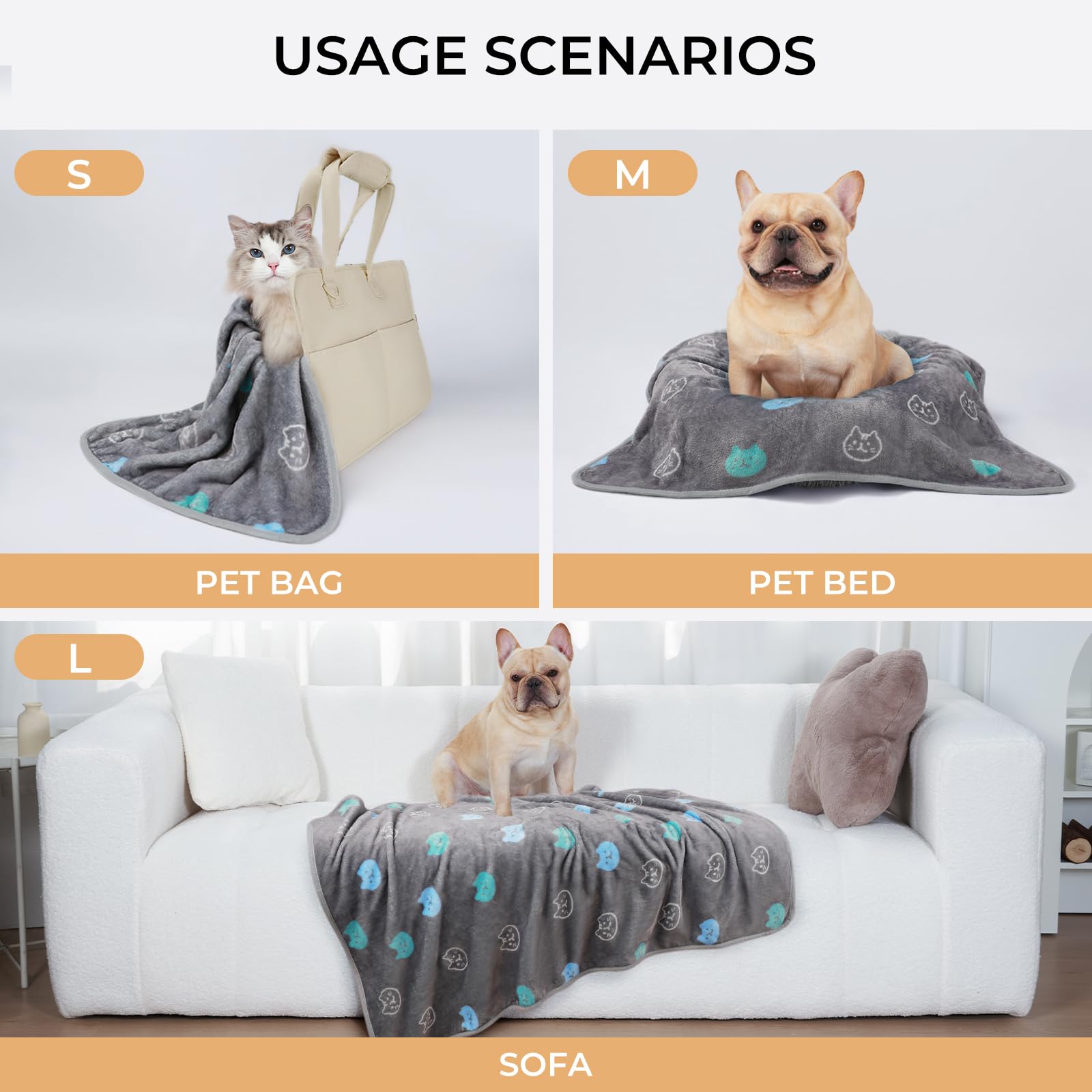1 Pack 3 Blankets Super Soft Fluffy Premium Cute Cat Pattern Pet Blanket Flannel Throw for Dog Puppy Kitten Blue/Cyan/Grey Large
