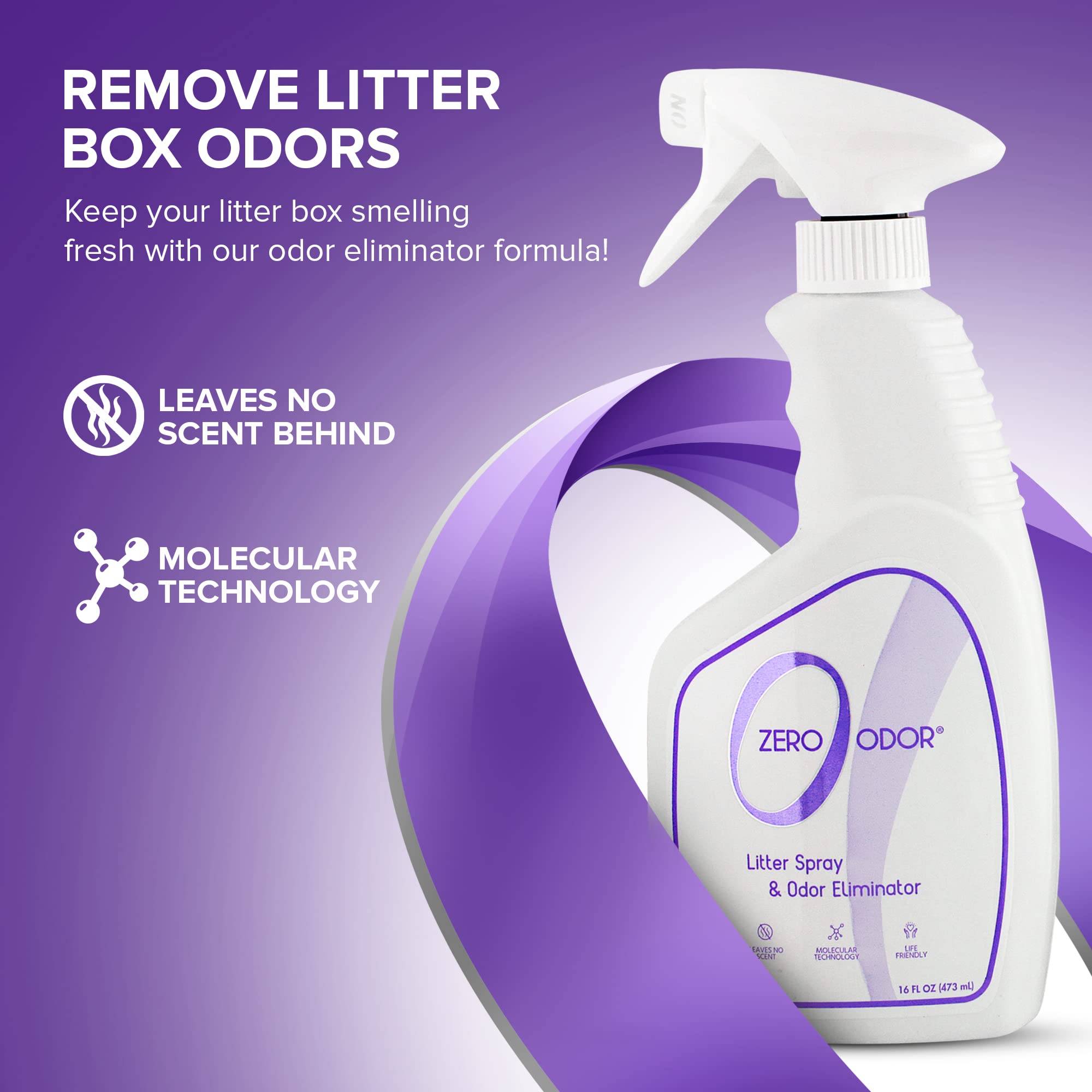 Zero Odor Litter Odor Eliminator, 16oz ? Pet Safe Formula with Patented Technology for All Litter Types ? Over 400 Sprays