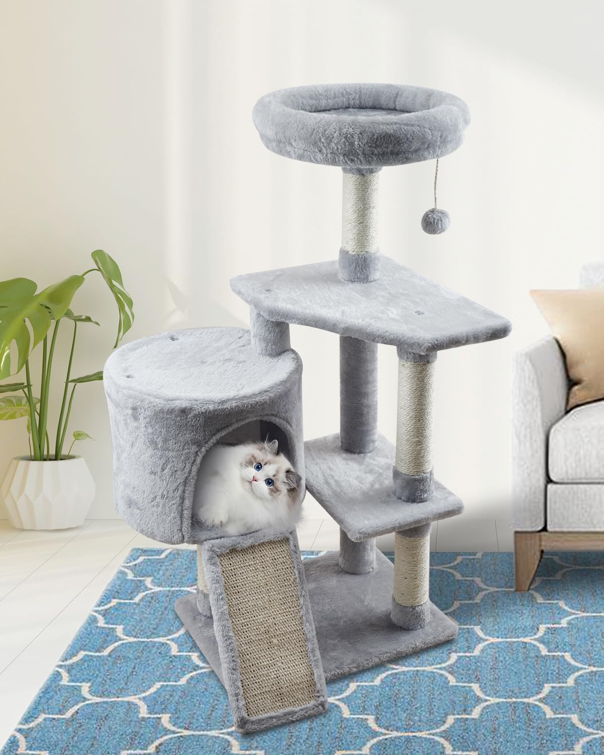 Miao Paw Grey Cat Tree Tower For Indoor Cats Cat Condo With Scratching Post Cat Tree For Large Medium Small Cat With Dangling Ba
