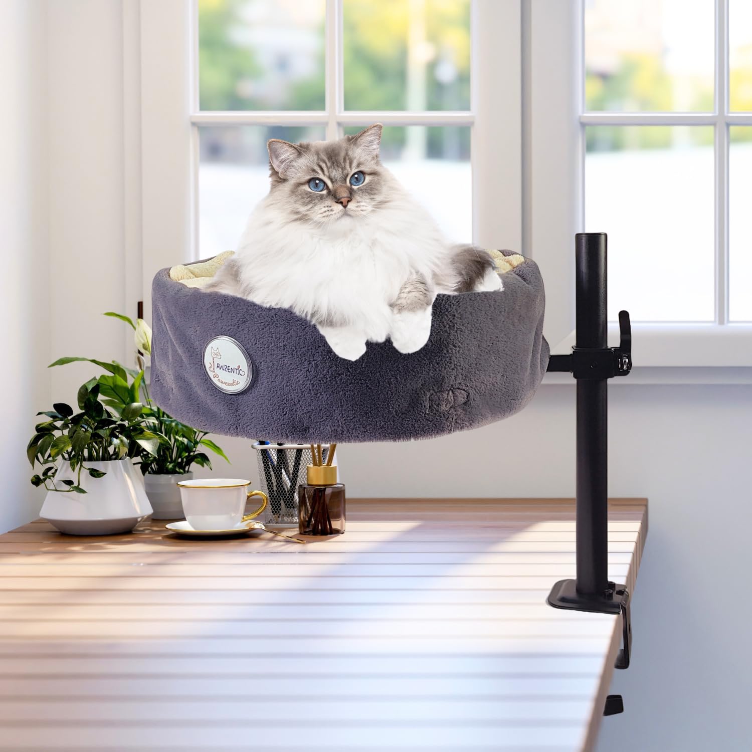 Pawzentic Large Cat Desk Bed,One-Button Easy Lift & Rotate,360 Rotation,Extra Thick Cushion,Super Soft Plush Faux Fur Pet Bed,Ma