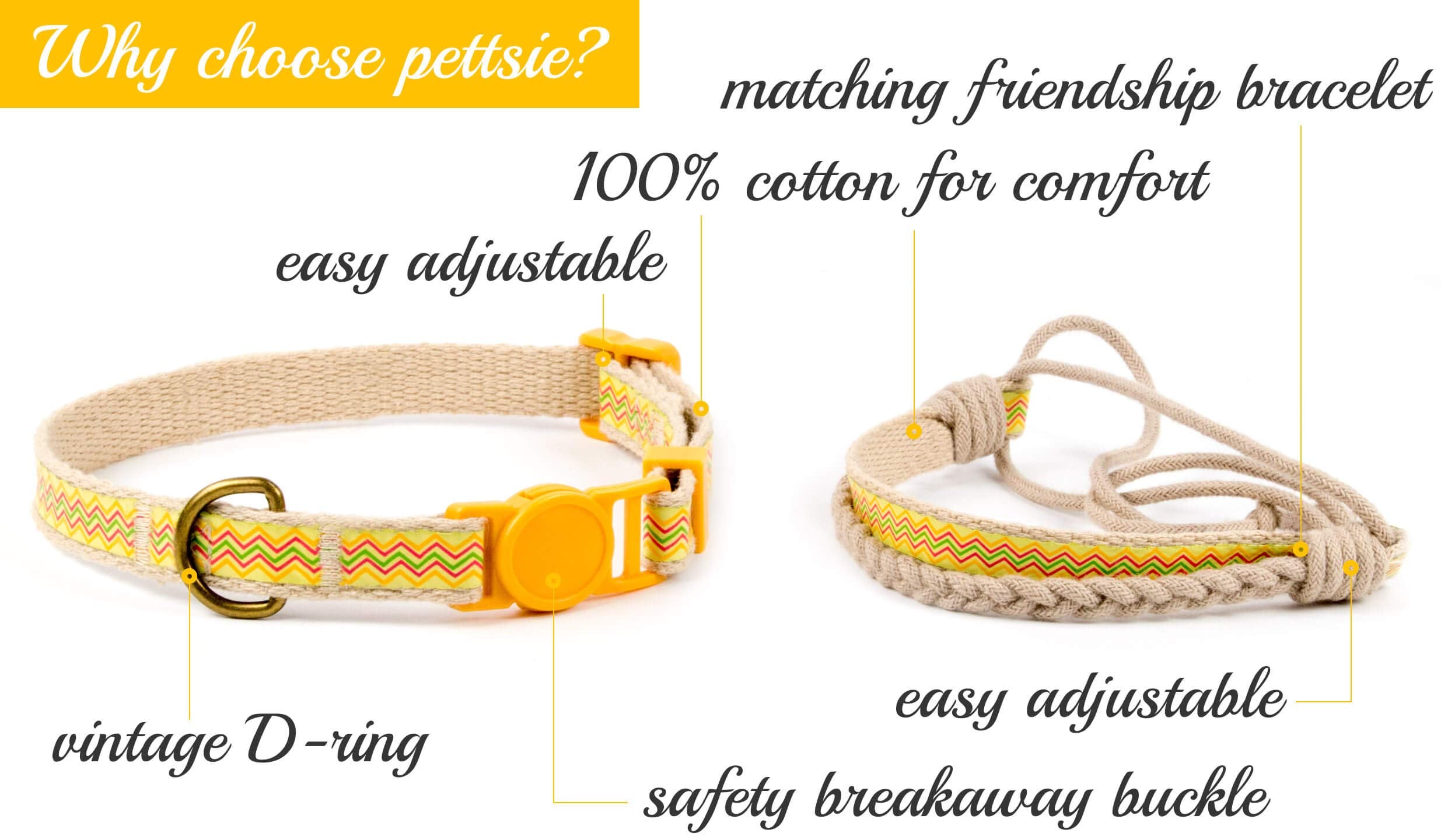 Pettsie Easy Adjustable Cat Collar Set, Safety Breakaway Buckle, Matching Friendship Bracelet, Soft Cotton For Sensitive Skin, Ideal For Kitty Lovers, Fits Neck Sizes 7.5-11.5 Inches, Yellow