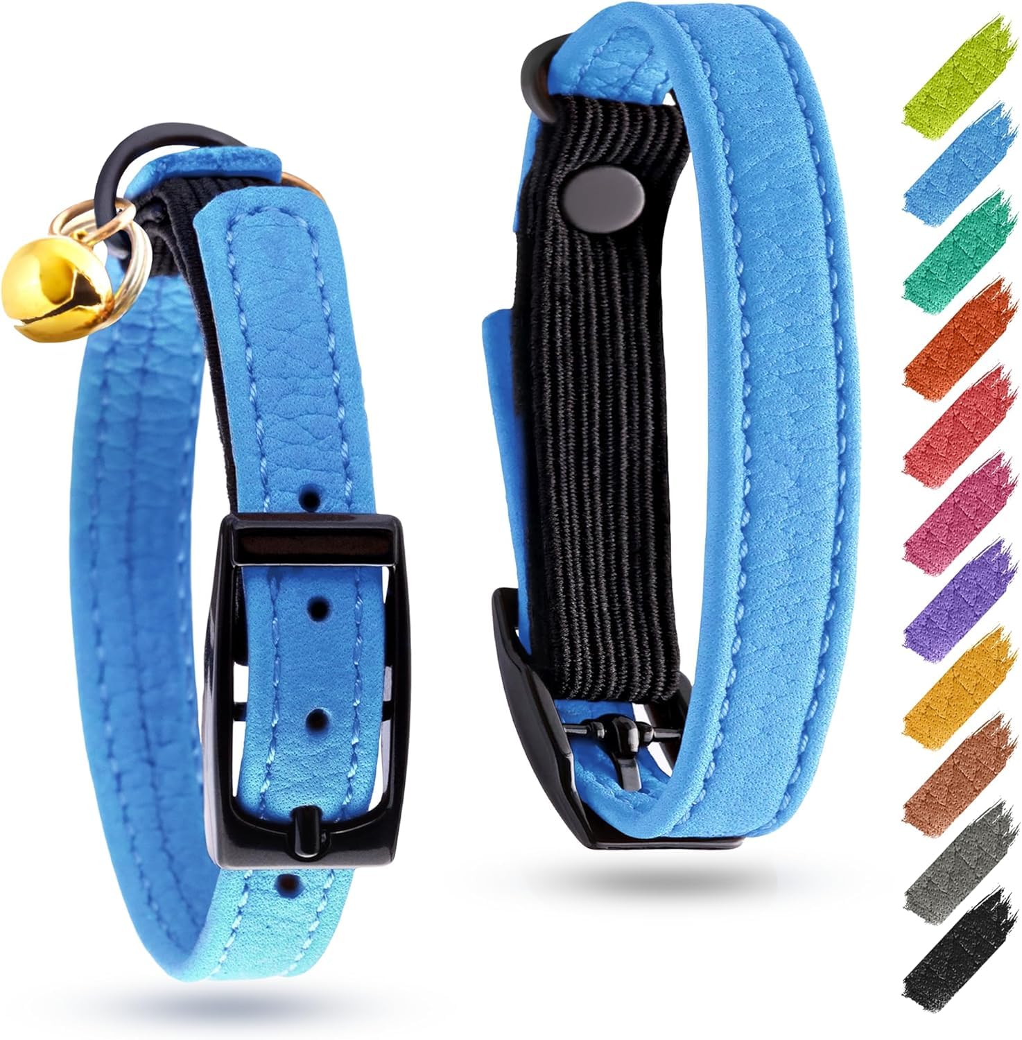 Blue 6'' - 8'' Leather Cat Collar With Bell & Elastic Strap - Pet Collar Leather - Leather Kitten Collar - Cats Small And Big Ca