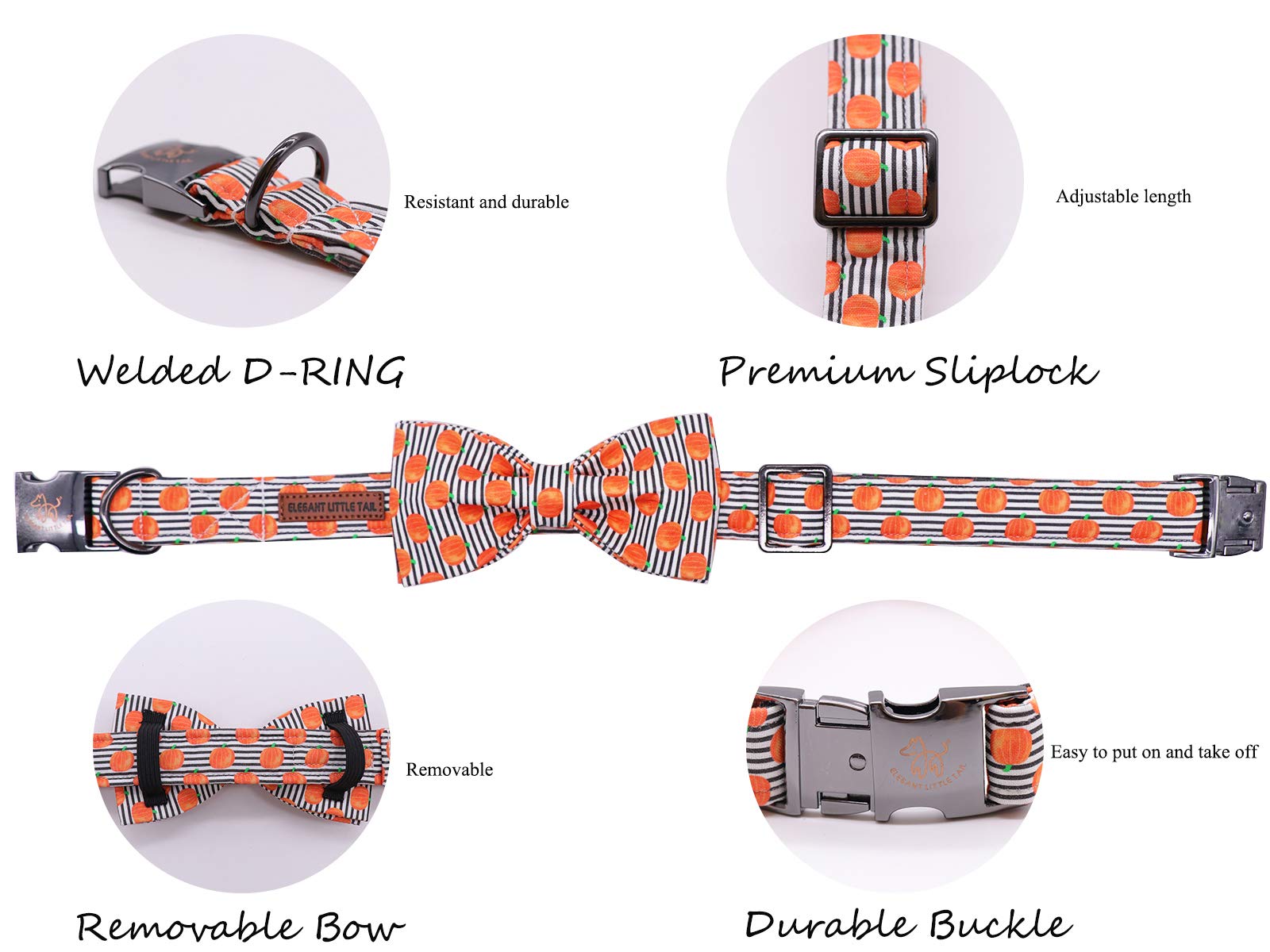 Elegant Little Tail Halloween Dog Collar, Pumpkin Print Pet Collar Bowtie Dog Collar Holiday Adjustable Pet Gift Collars For Small Medium Large Dogs