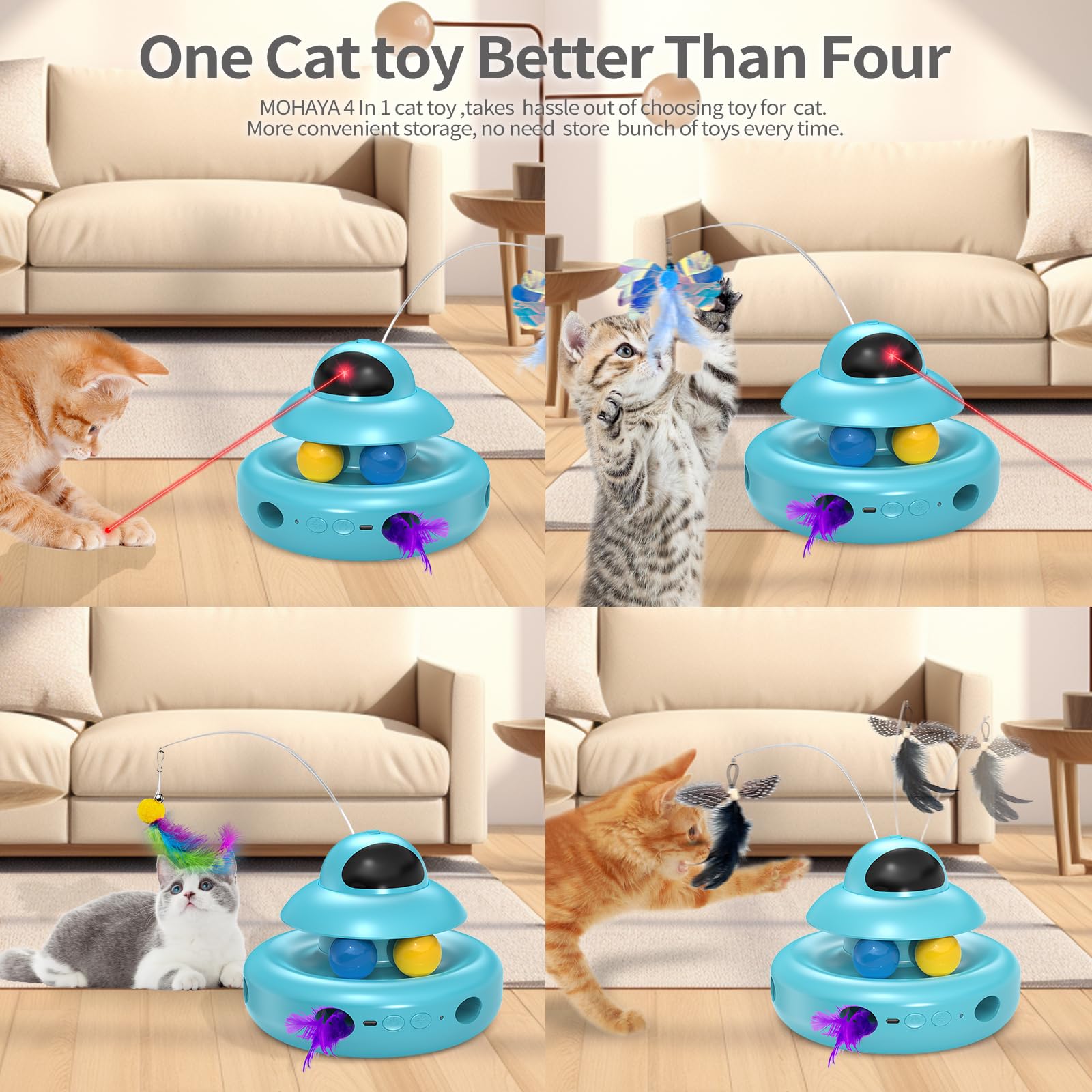 Mohaya Cat Toys,4-In-1 Automatic Kitten Toy For Bored Indoor Adult Cats,Lectric Flying Butterfly,Whack A Mole,Feather Track Ball