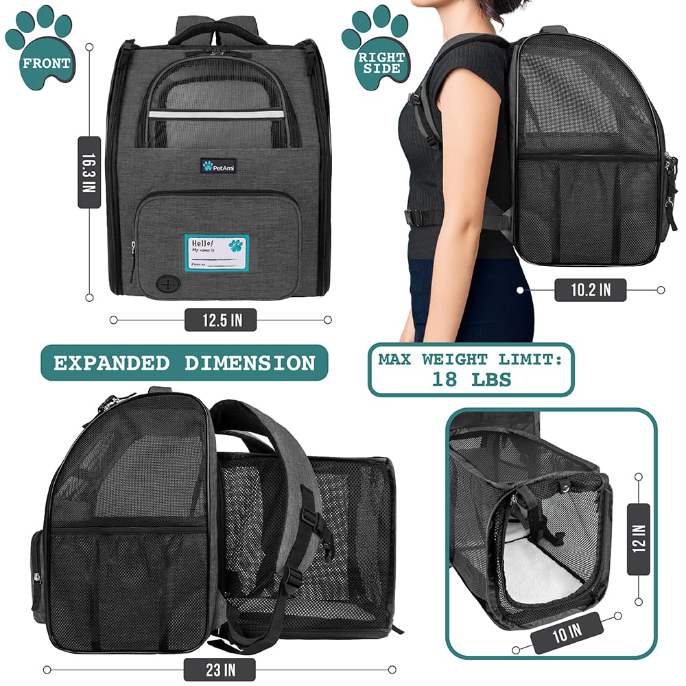 PetAmi Expandable Dog Cat Backpack Carrier - Airline Approved, Soft Back Support, Ventilated, for Small Medium Dogs & Large Cats, Charcoal