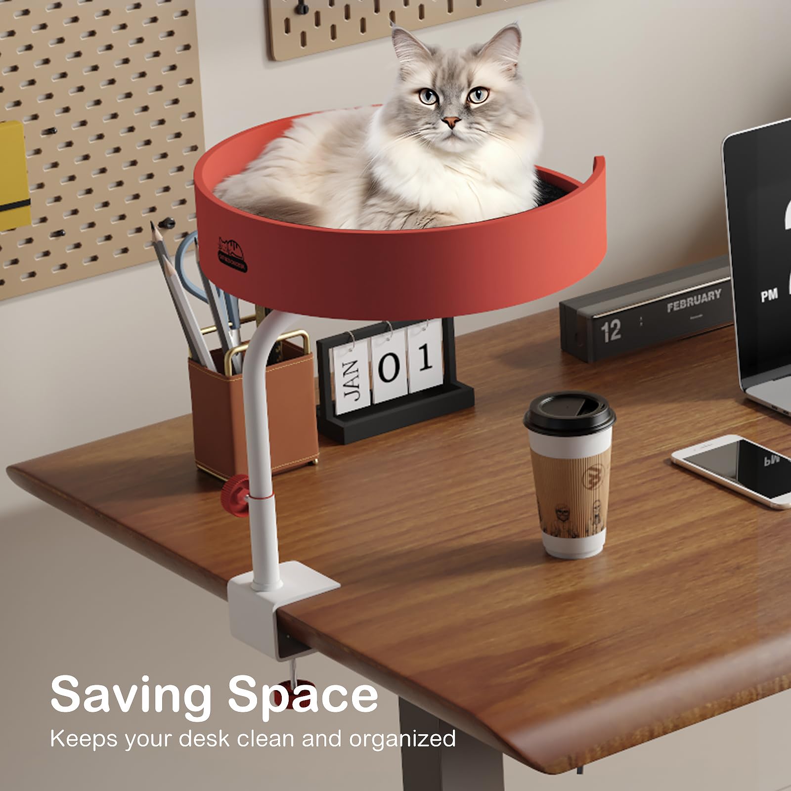Clioran Cat Desk Bed Large Perch Nest With Teaser Easy Install,Space Saving Mount Design,Sturdy Frame,Removable Cushion,Clamp De