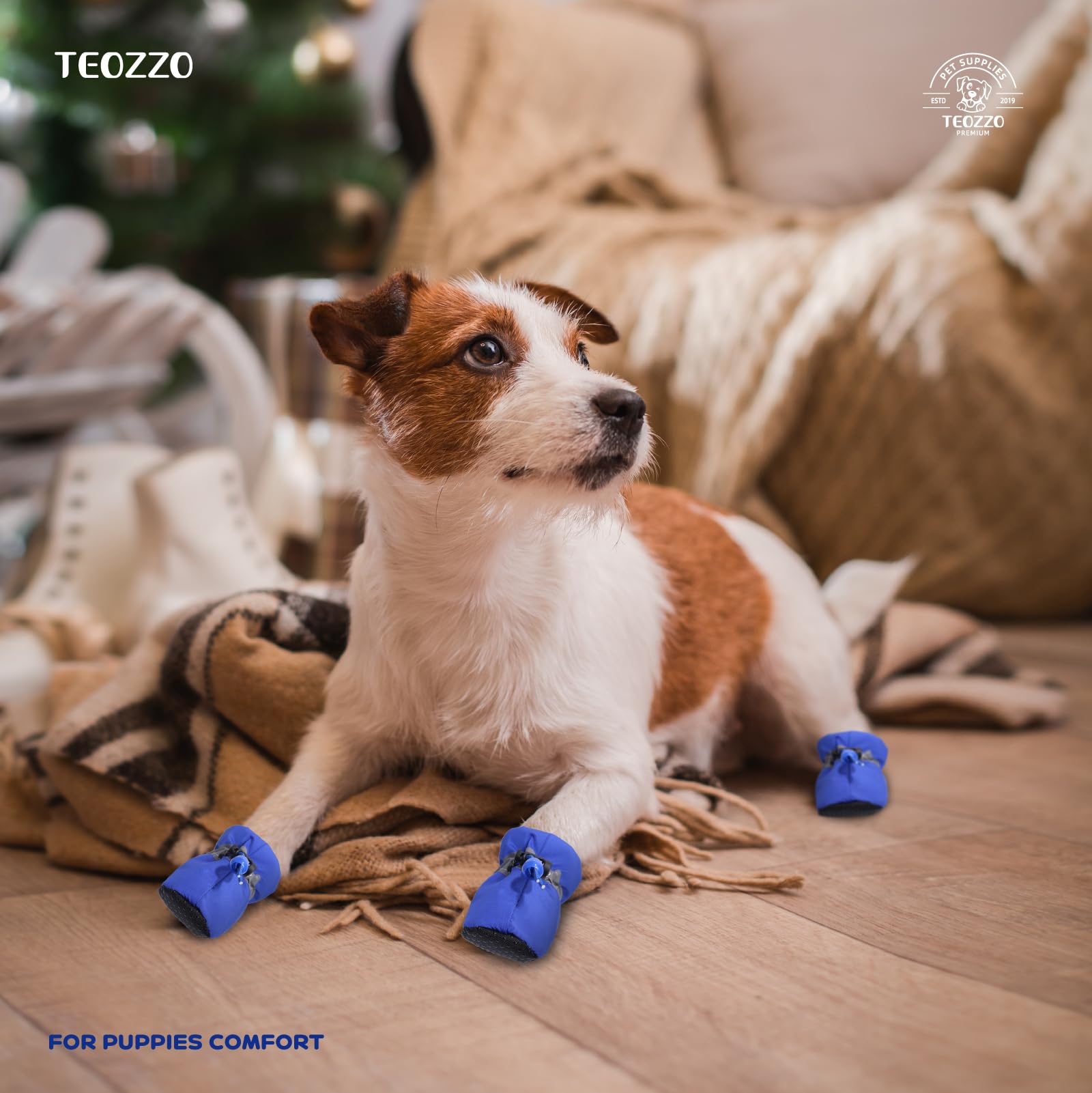 Teozzo Dog Boots & Paw Protector, Anti-Slip Sole Winter Snow Dog Booties With Reflective Straps Dog Shoes For Small Medium Dogs 4Pcs Blue 7