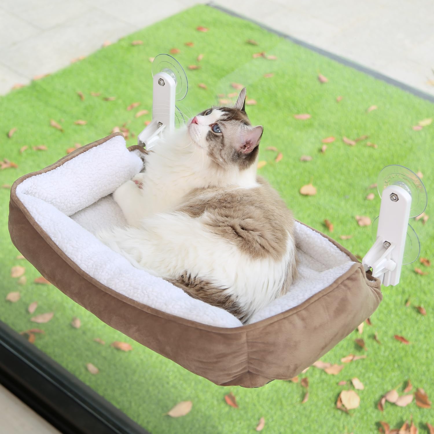 Zakkart Foldable Cat Hammock For Window With Bolster - Cordless, Three-Side Bolstered Machine Washable Fluffy Bed, Robust Metal 