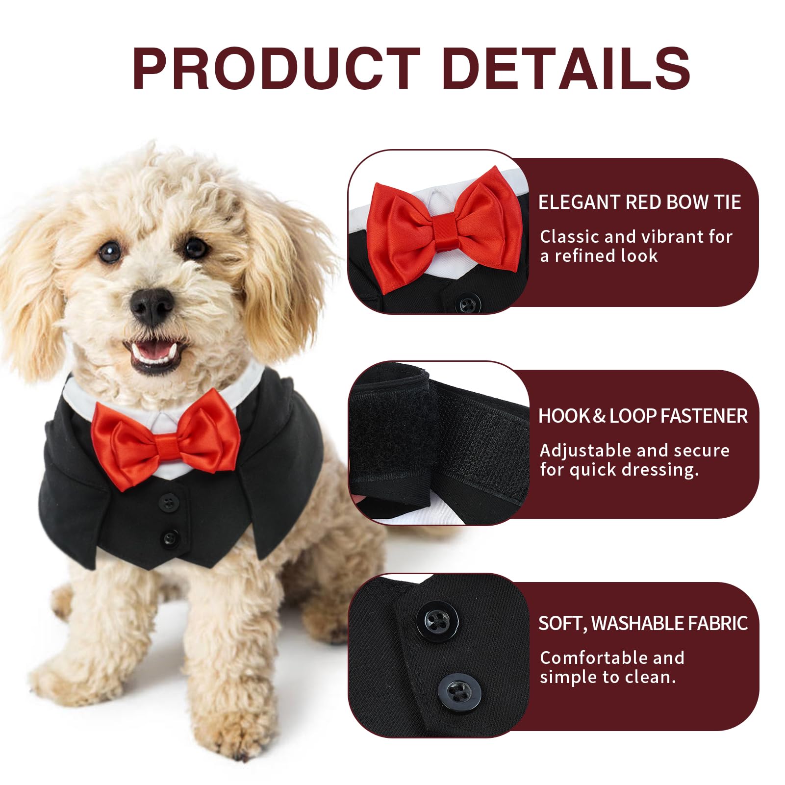 Ikipuko Xs Tuxedo Wedding Bandana Suit And Tie For Formal Wear - Adjustable Collar Red Bowtie Outfit For Parties Birthday Costum