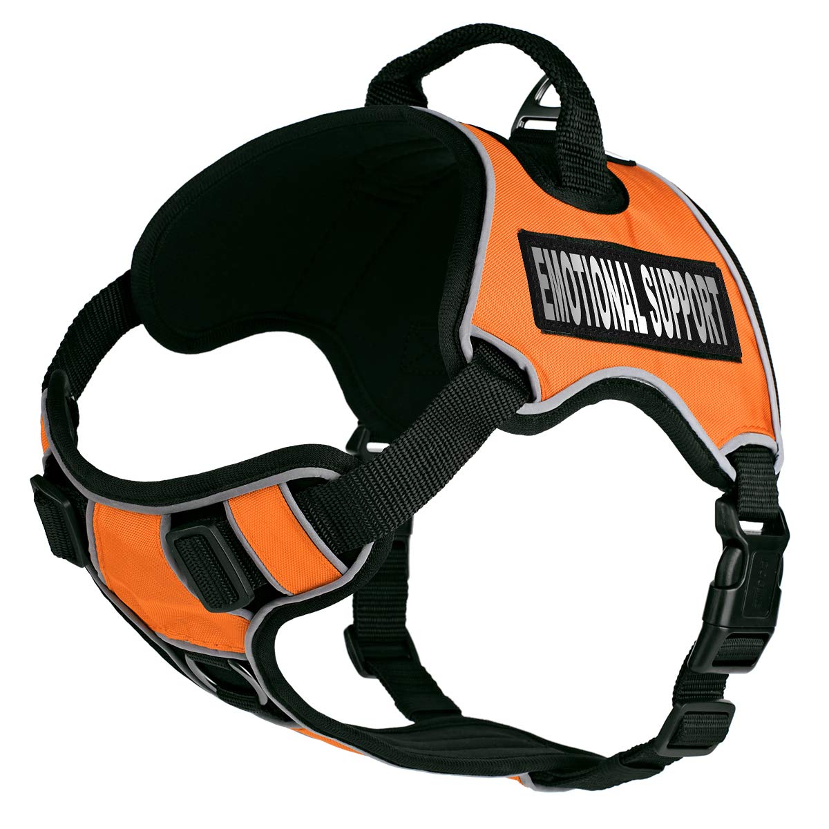 Dogline Quest No-Pull Dog Harness With Emotional Support Reflective Removable Patches Soft Comfortable Dog Vest With Quick Release Dual Buckles Black Hardware And Handle 18 To 22 Inches Orange