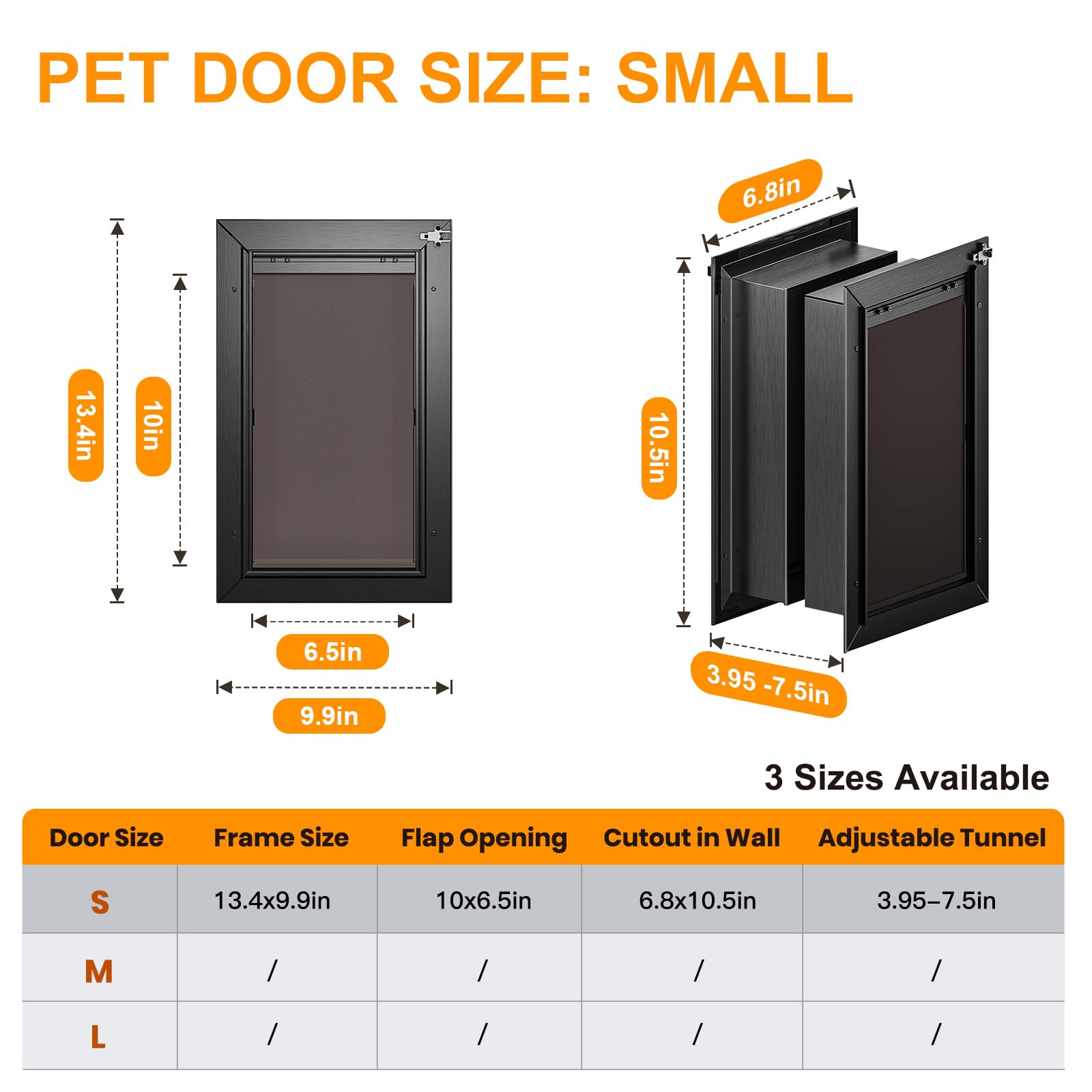 VOSOIR Cat Door for Wall, Black Aluminum Small Dog Door with Magnetic Flaps & Closing Panel, Energy Efficient, Telescoping Tunnel for Pets up to 22Lb