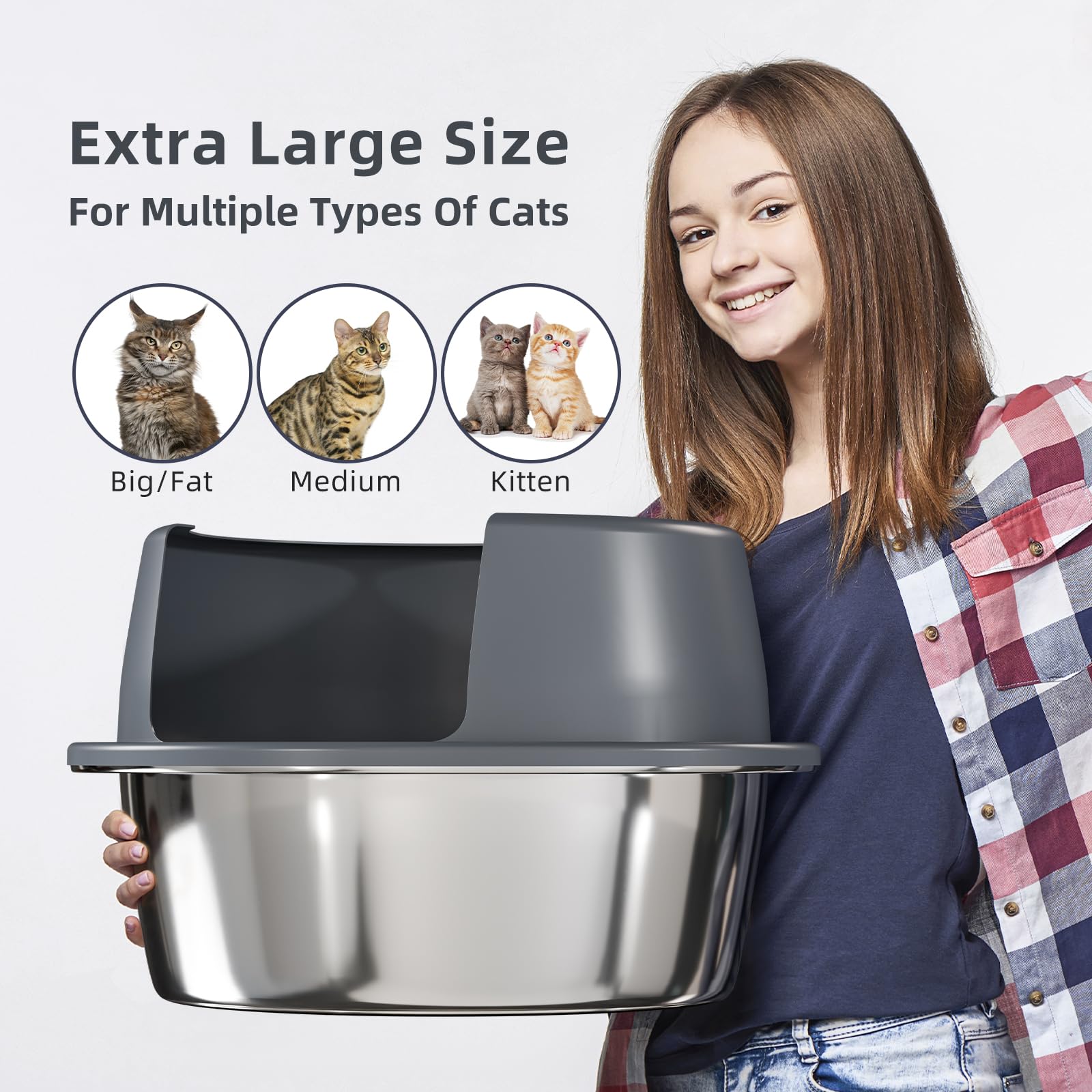 Booche Round High-Sided Stainless Steel Cat Litter Box,Stainless Steel Litter Box With Lid,Extra Large Box,Easy-To-Clean Metal L