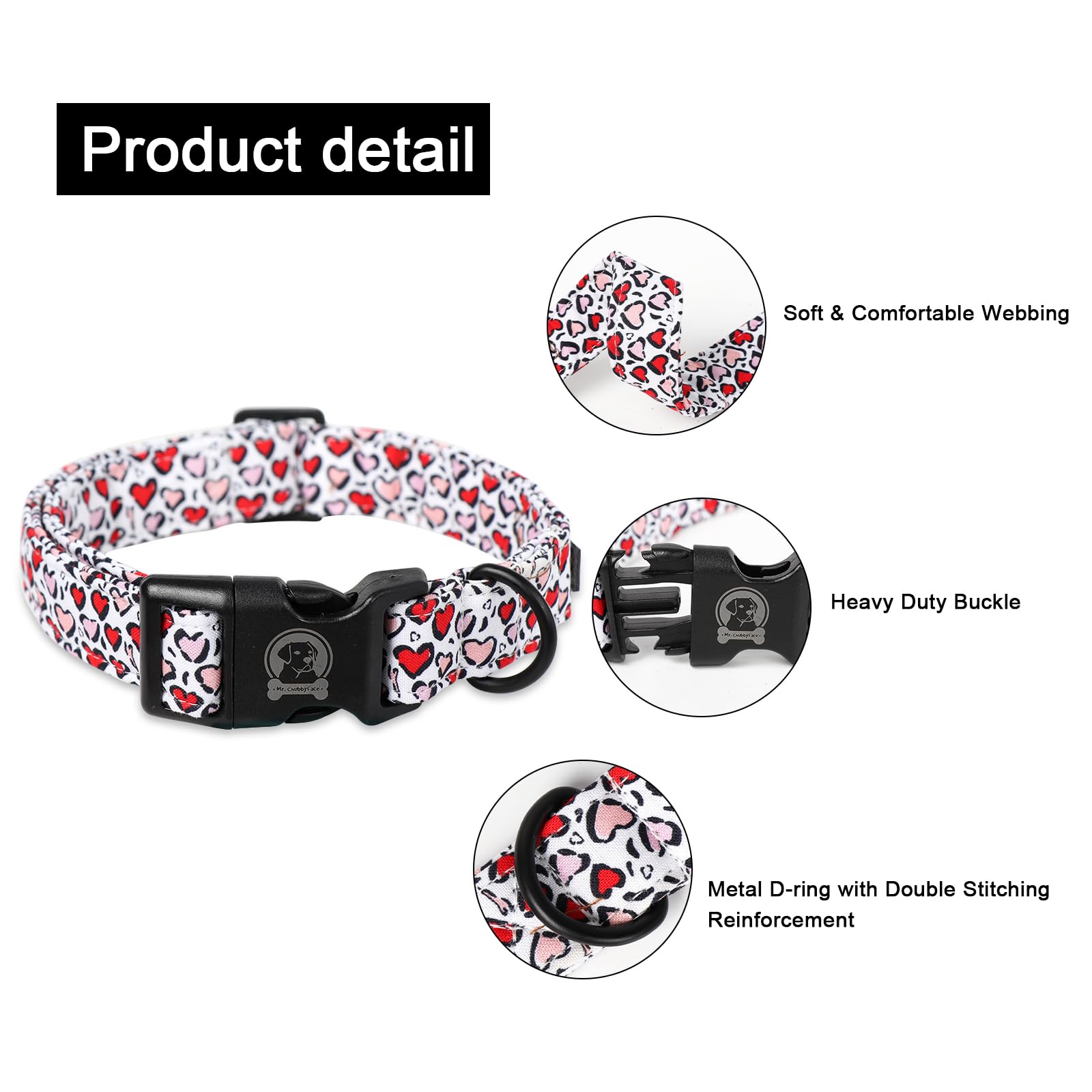Mr. Chubbyface Valentines Dog Collar,White Red Heart Cotton Cartoon Dog Collar, Adjustable Valentine Girl Female Male Pet Collar