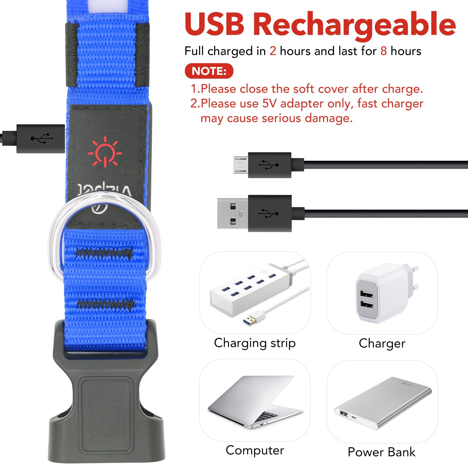 VIZPET LED Dog Collar - Adjustable, USB Rechargeable, Super Bright, Medium 14.96-19.68 inch, Blue, Thermoplastic Polyurethane Material