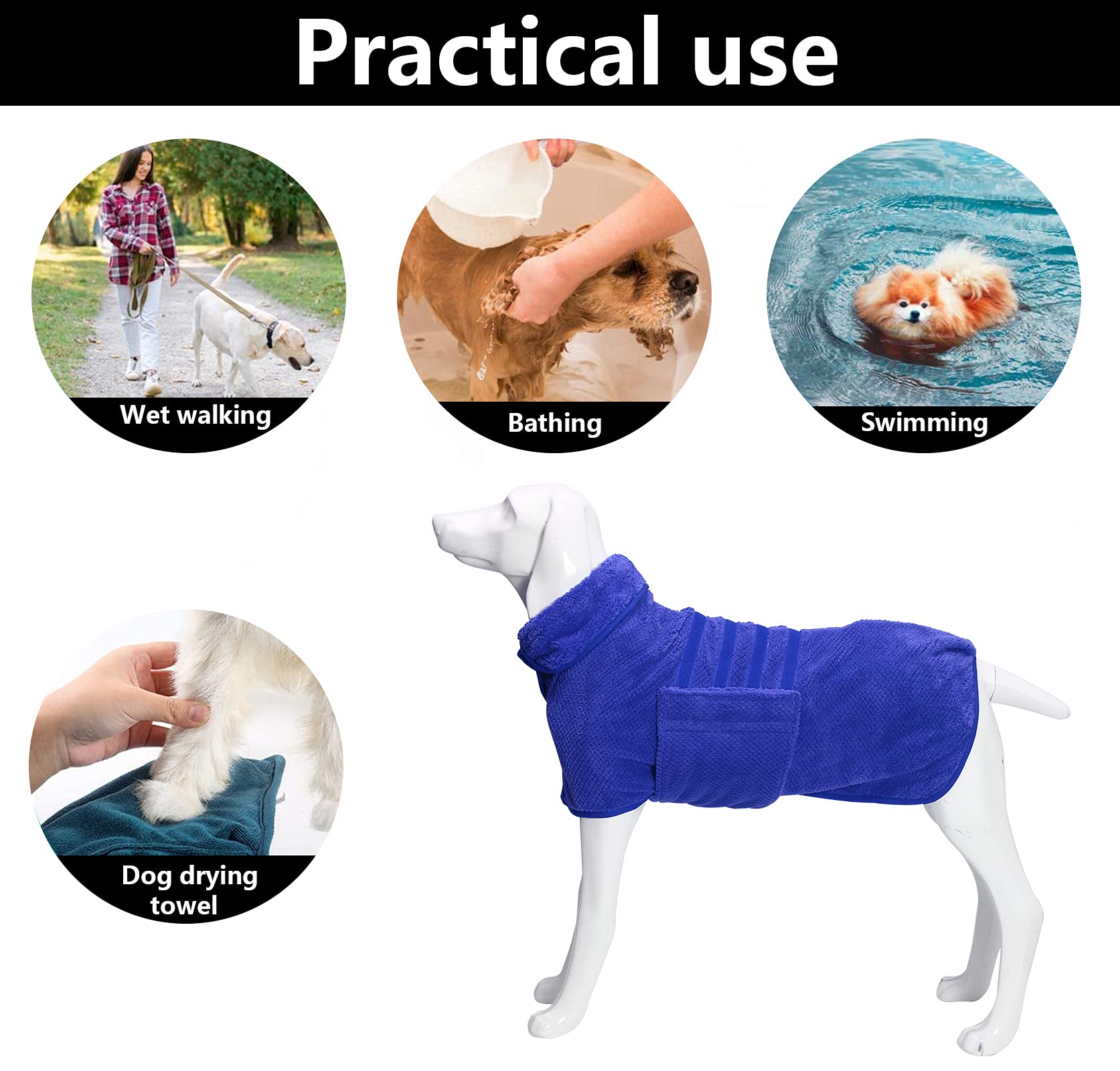 Geyecete Dog Bathrobe Towel Dog Drying Coat-Dry Fast Dog Bag-Pineapple Grid Fast Drying Super Absorbent Pet Dog Cat Bath Robe Towel-Blue-Xxl