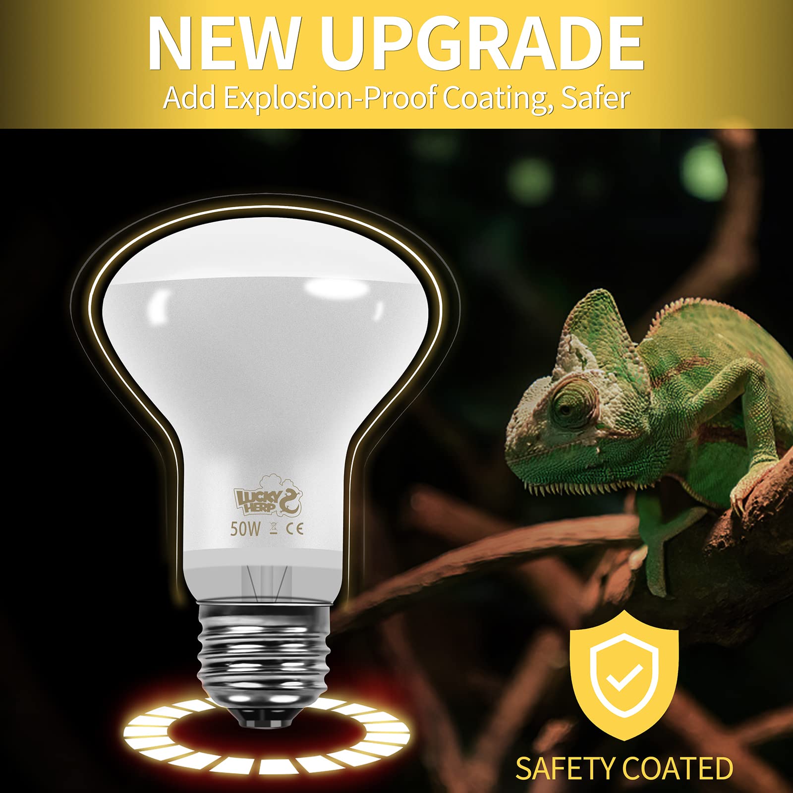 LUCKY HERP New Upgrade 50W Reptile Heat Lamp Bulb (3rd Gen, Safer), Amphibian Basking Spot Light Bulb, UVA Reptile Daylight Bulb
