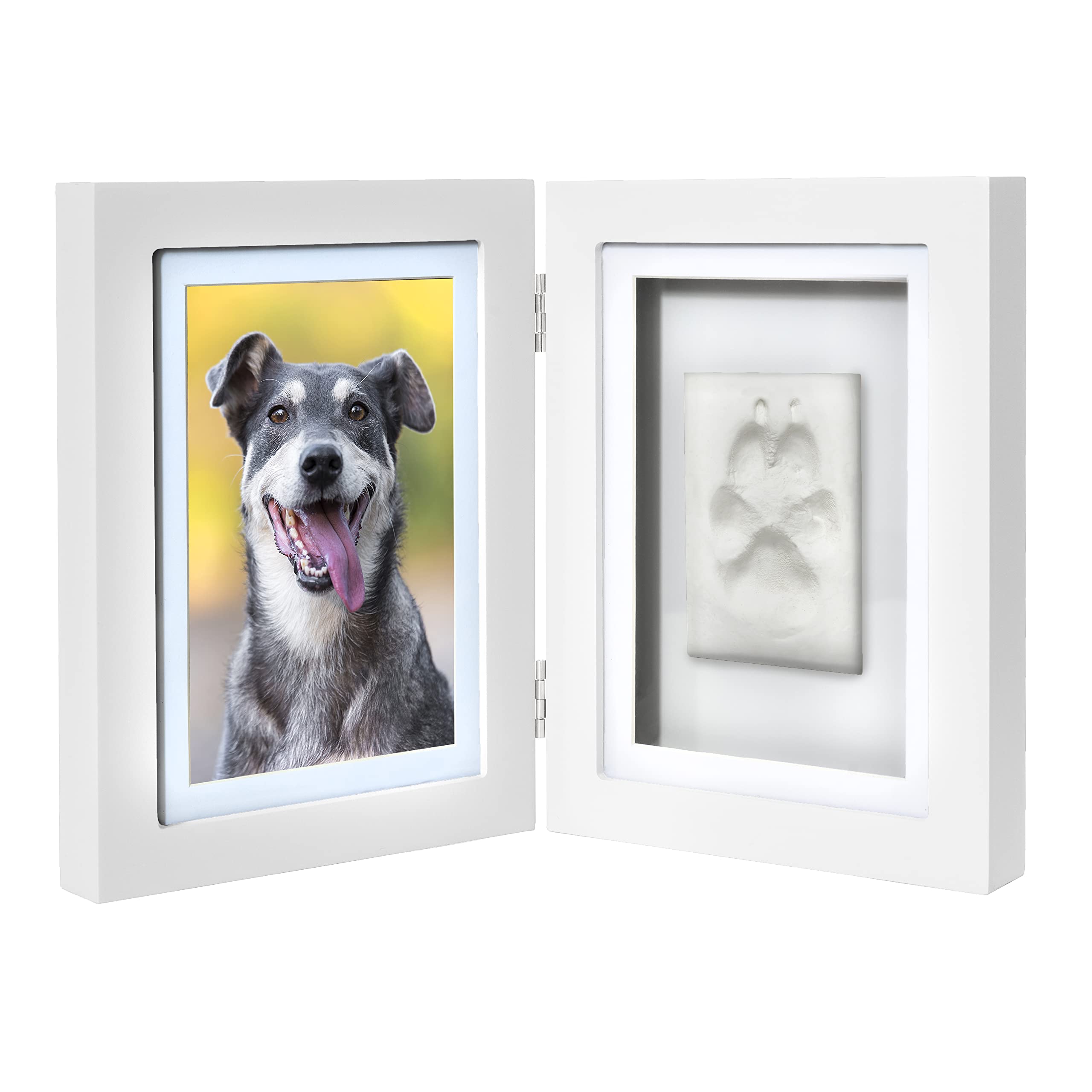 Better World Pets Paw Print + Photo Keepsake Frame Holds 4 X 6 Inch Or 5 X 7 Picture – Memorial Clay Imprint Kit – For Dogs And Cats – Perfect For Pet Lovers – Hinged For Desktop, White