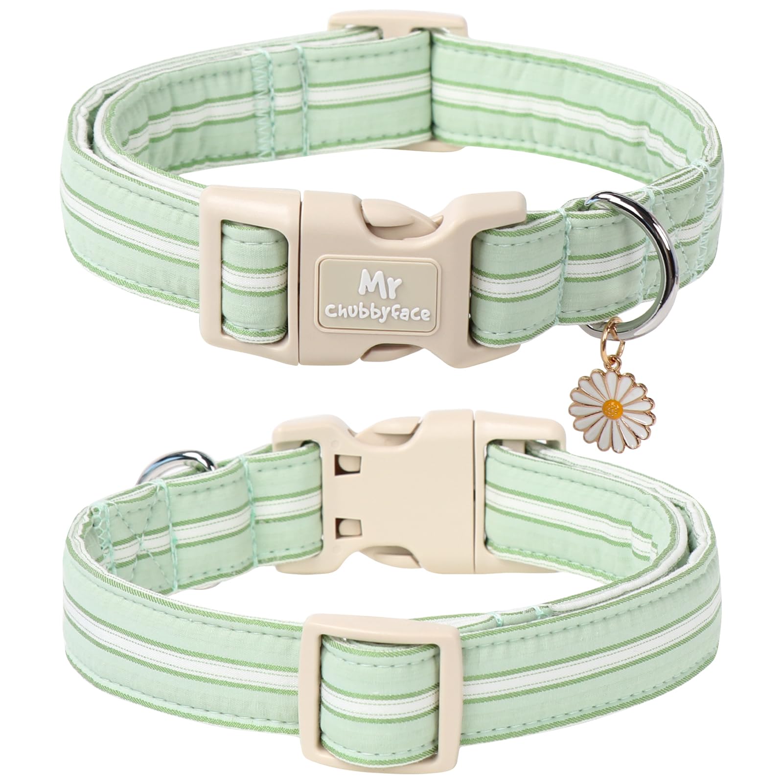 Mr.Chubbyface Cotton Dog Collar, Cute Green Summer Puppy Collar With Plastic Buckle, Adjustable Soft Natural Fabric Pet Collar F