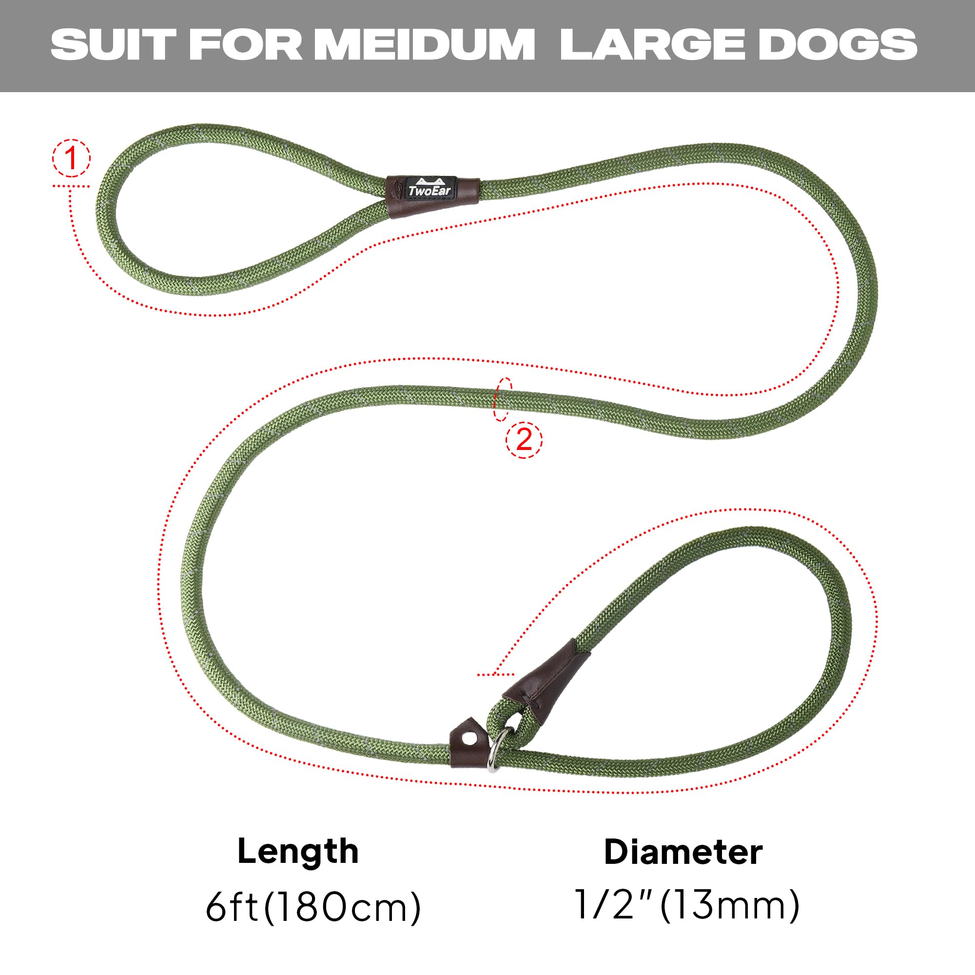 Twoear Dog Leash Dog Slip Rope Leash 1/2' X 6Ft Dog Training Leash Heavy Duty Strong Slip Lead Highly Reflective Threads For Small Medium And Large Dogs(Green)