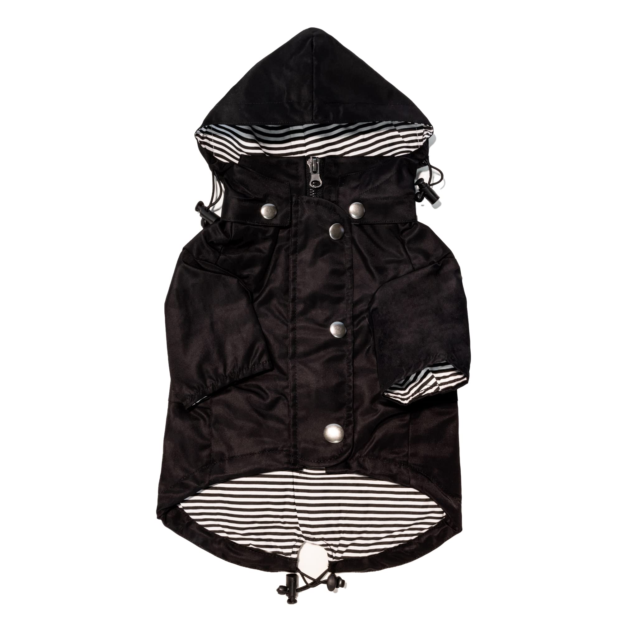 Ellie Dog Wear Midnight Black Zip Up Dog Raincoat With Reflective Buttons, Pockets, Rain/Water Resistant, Adjustable Drawstring,
