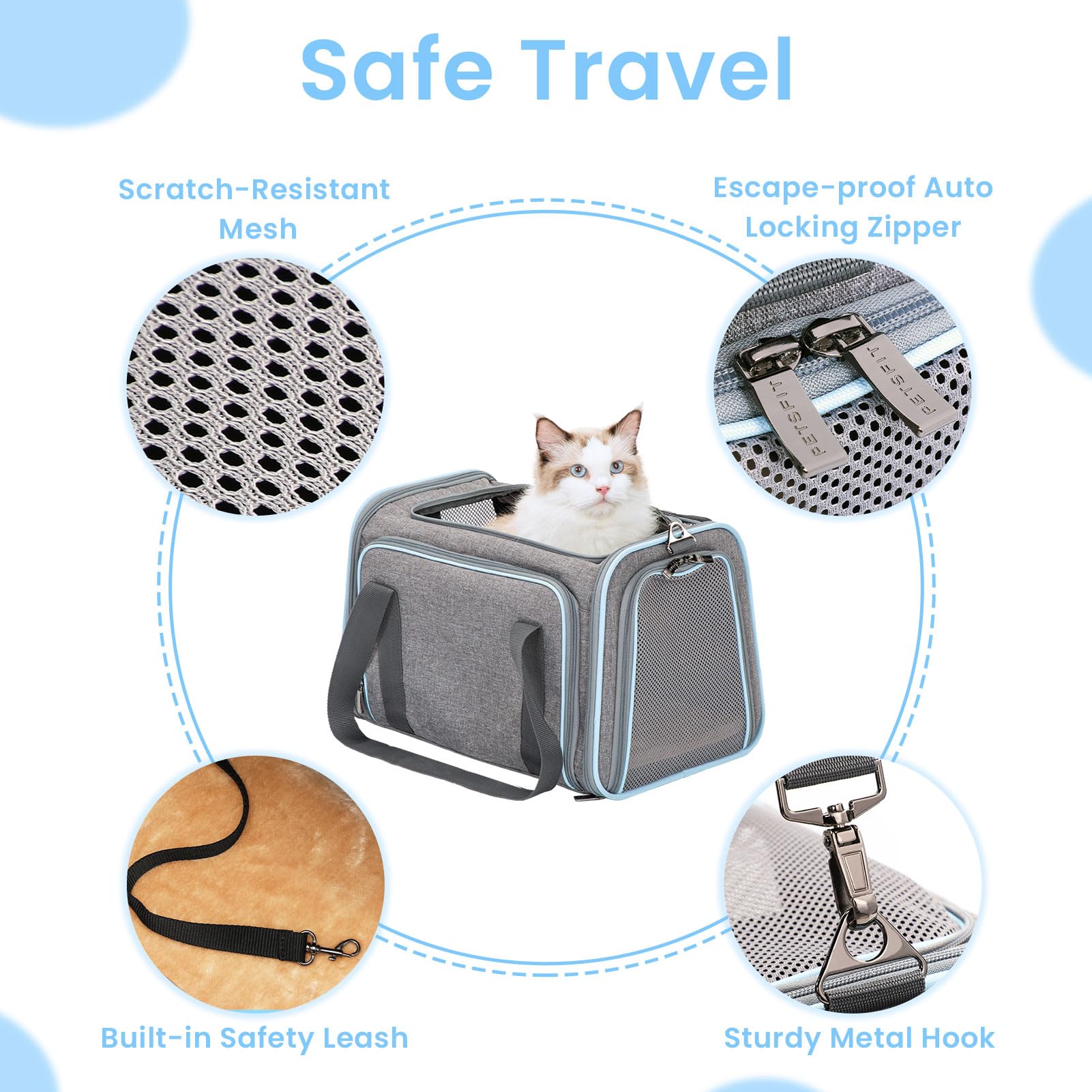 Petsfit Expandable Cat Carrier, Airline Approved, Soft-Sided, Washable, Light Grey, 16x10x9, Portable for Small Dogs, Kittens, and Rabbits