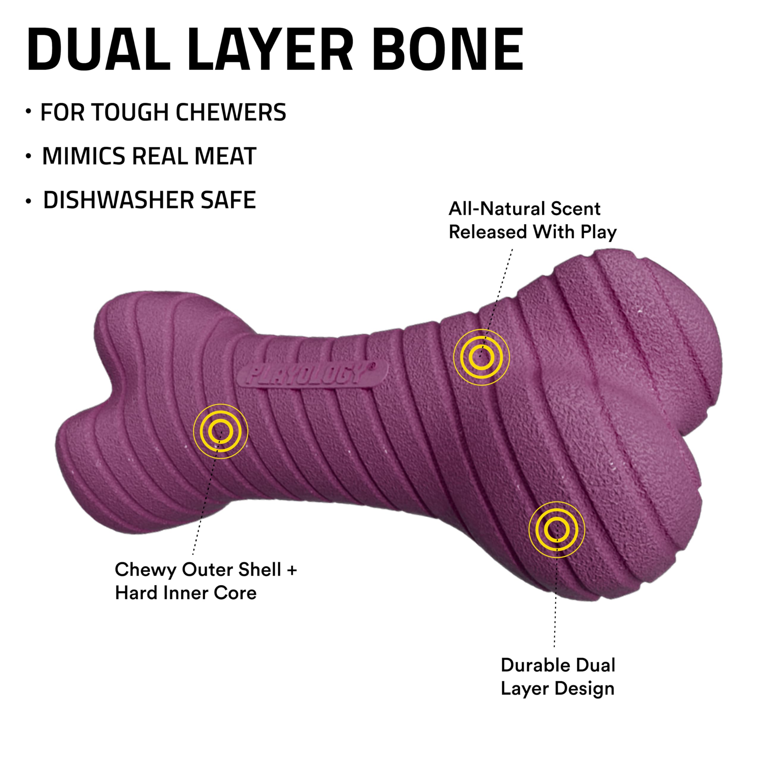 Playology Dual Layer Bone | Engaging All Natural Bacon Scented Dog Toys, Value 3-Pack | Purple Bone For Small Dogs Up To 25Lbs |