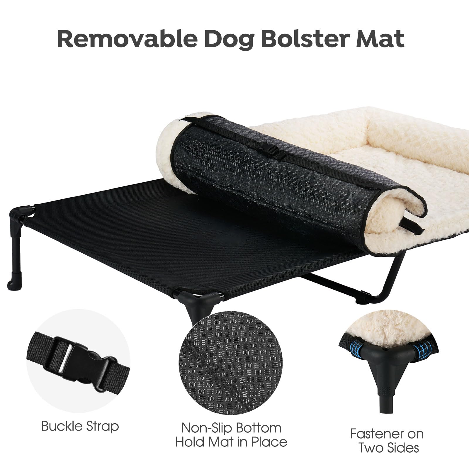 Veehoo Elevated Dog Bed with Removable Plush Bolster, 47"x29", White-Rose Velvet, Washable Cot with Breathable Mesh and No-Slip Feet