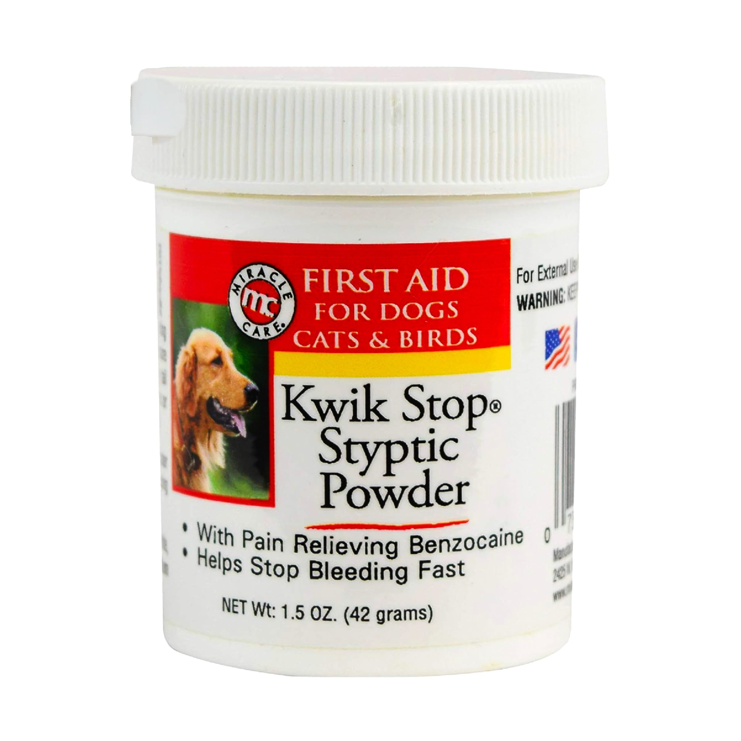 Miracle Care Kwik Stop Styptic Powder For Dogs, Cats And Birds, 1.5 Ounce, Fast-Acting Blood Stop Powder With Pain Relieving Ben