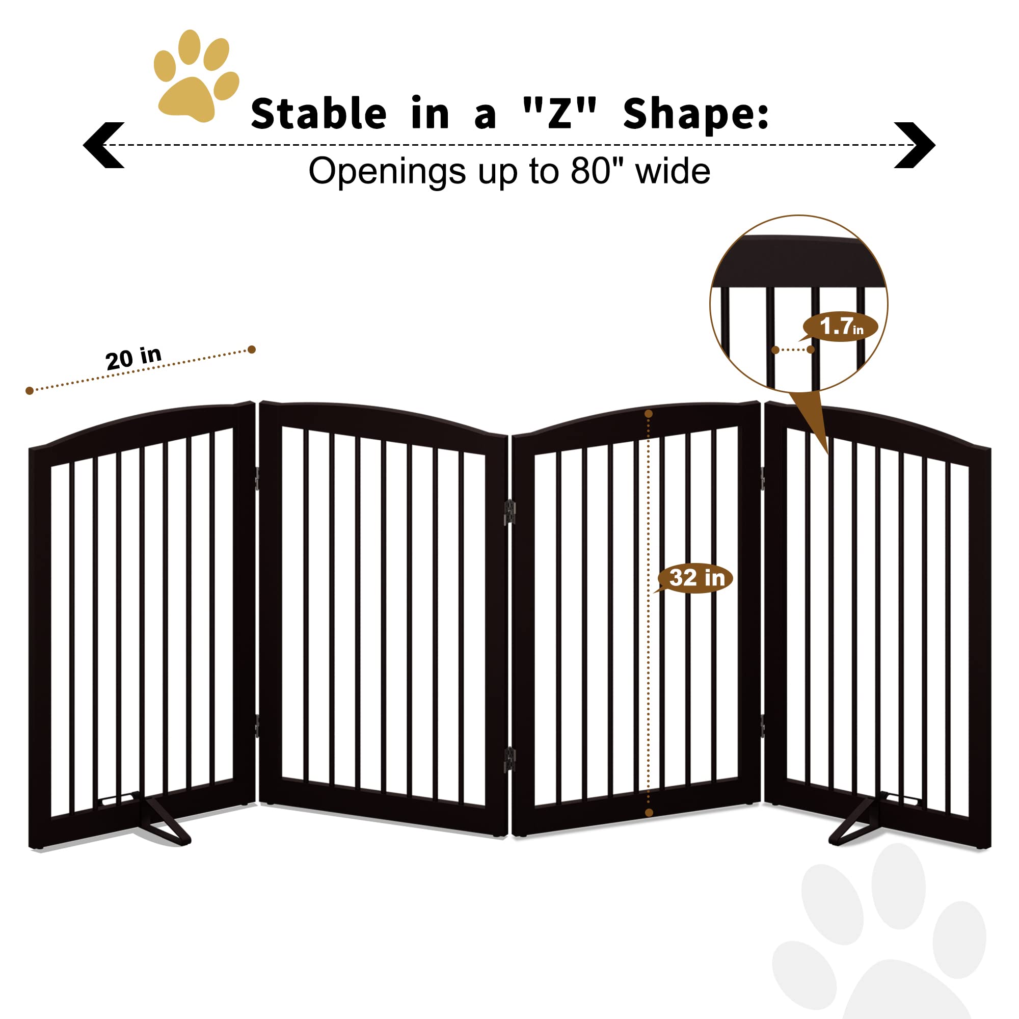 Pupetpo Freestanding Pet Gate For Dogs, Indoor Wooden Dog Gate For House, Foldable Dog Gate For Doorway, Stair,Hall, Step Over Pet Puppy Safety Fence Tall, 80 Inch Wide, 4 Panel 32',Brown