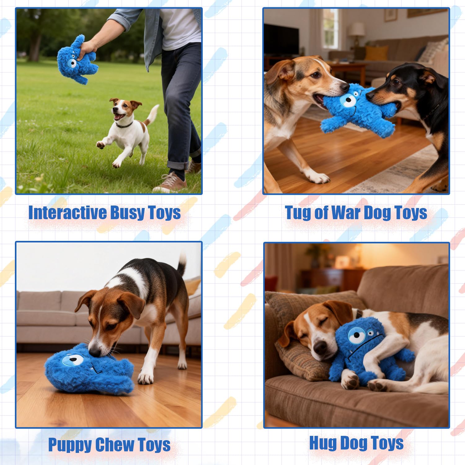 HUGEME Plush Squeaky Dog Toy - Crinkle Chew Toy for Small to Large Dogs, Blue, Model Mon-1-1