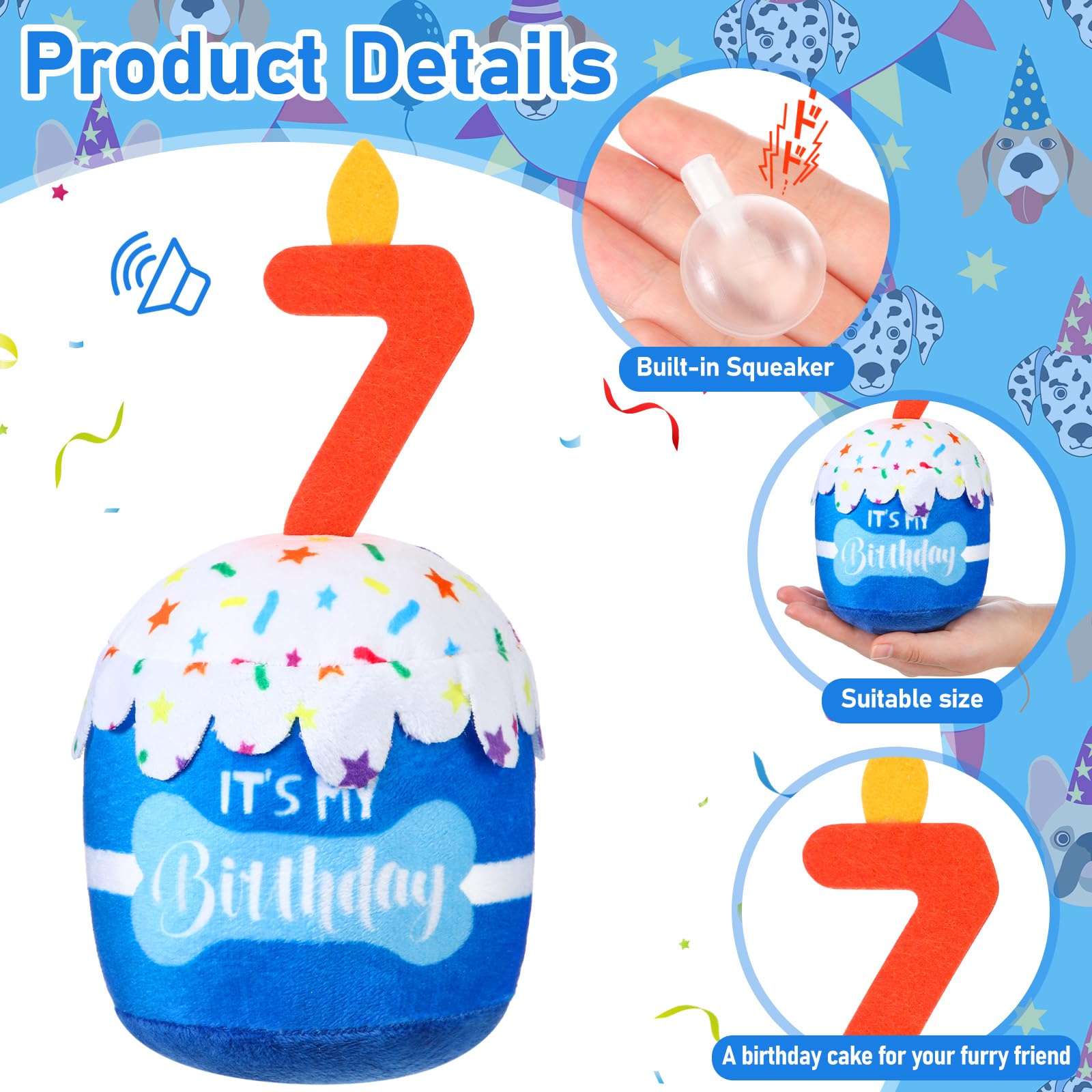 Dansydaisy Dog 7Th Birthday Cake Toy Accessories For Girl Boy Gifts, Blue Squeaky Plush Toy For Dog Birthday Party Decor Favor F
